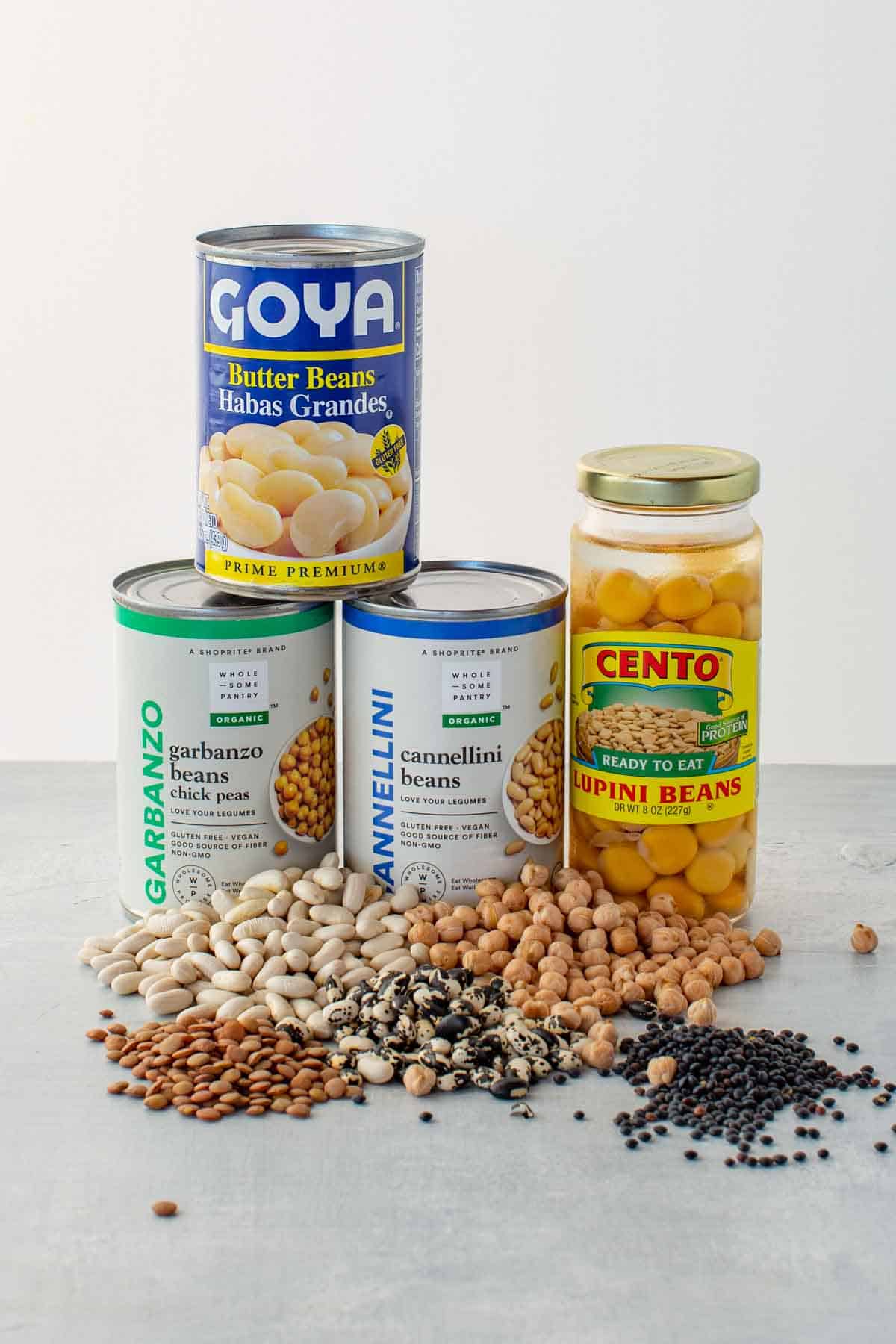 An assortment of dried and canned beans for stocking an Italian pantry.