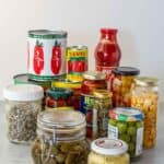 A variety of canned and jarred preserved vegetables used in Italian cooking.