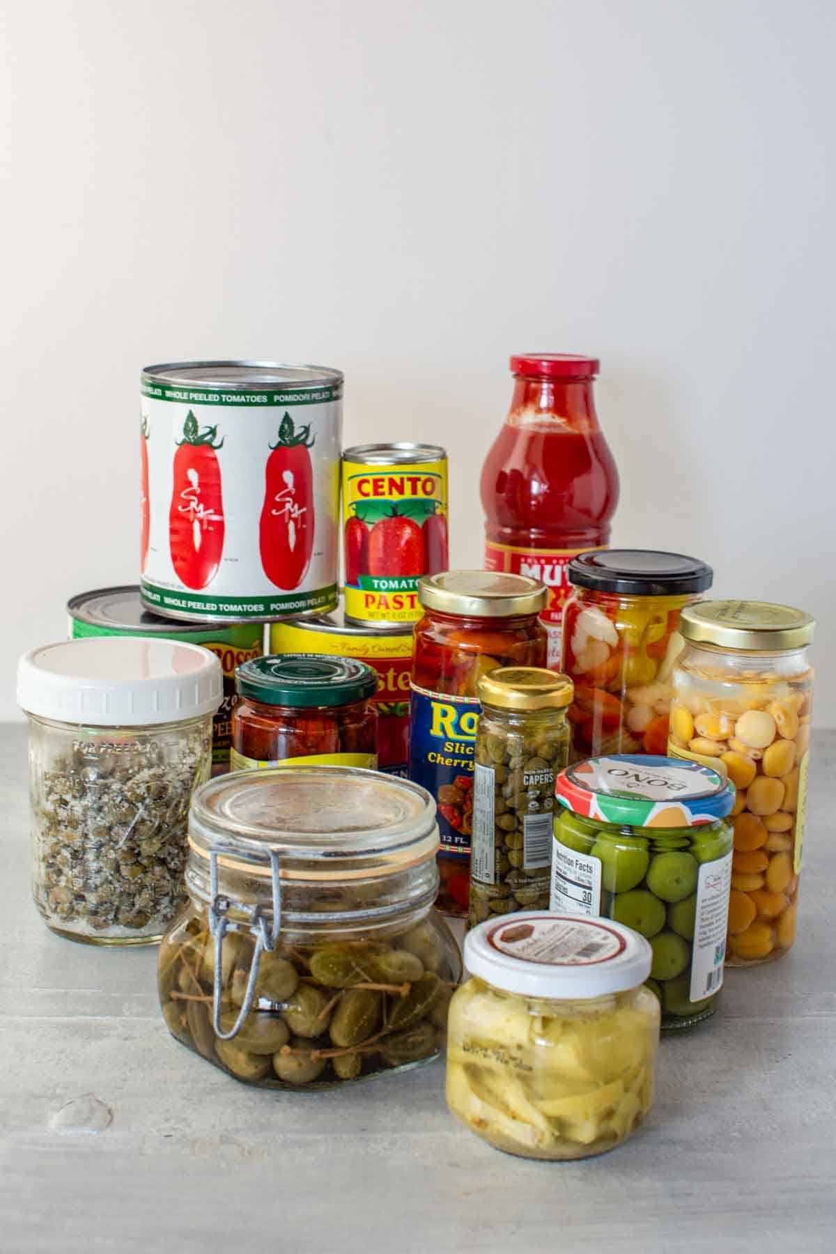 A variety of canned and jarred preserved vegetables used in Italian cooking.