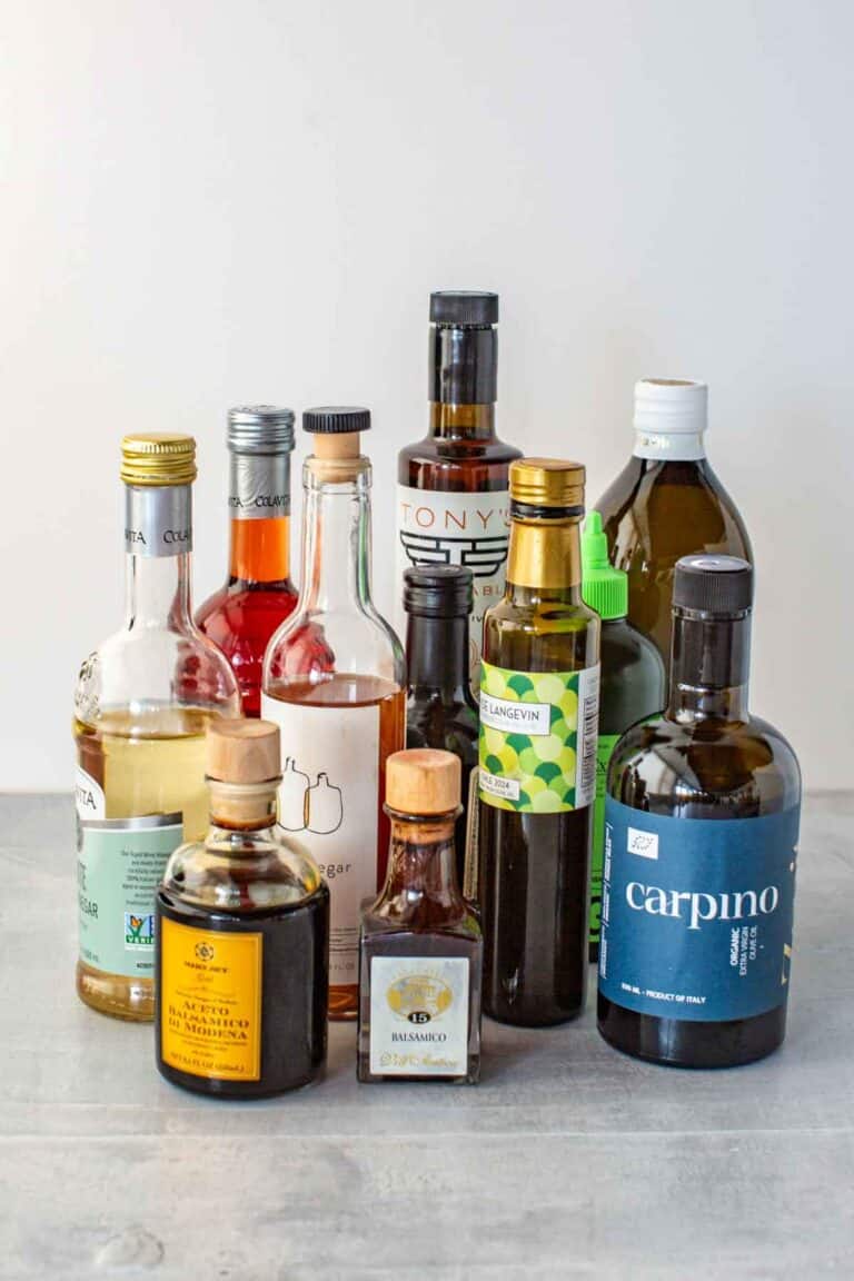 An assortment of olive oils and vinegars used in Italian cooking.