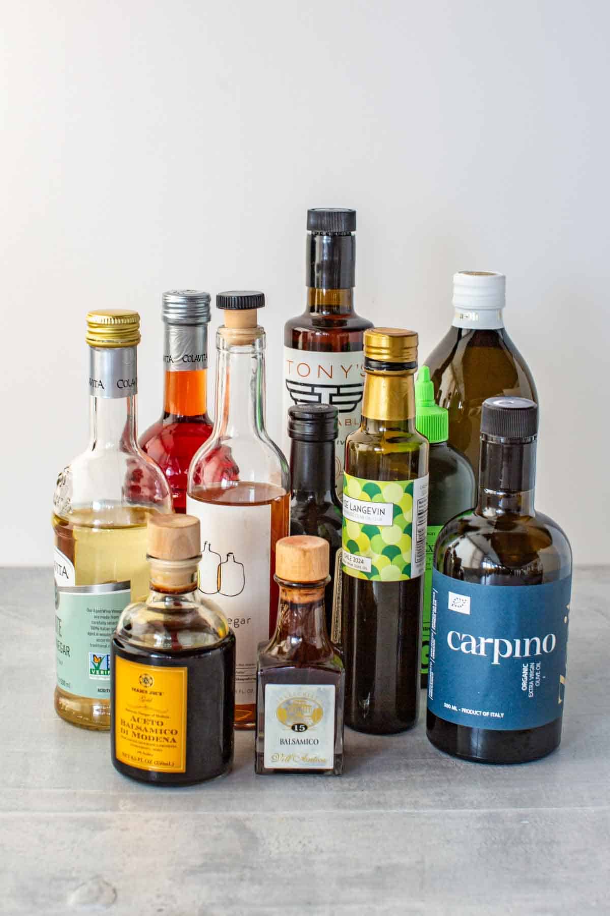 An assortment of olive oils and vinegars used in Italian cooking.