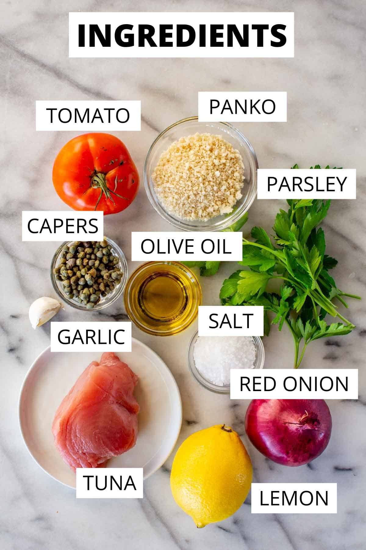 Labeled ingredients needed for tuna tartare.