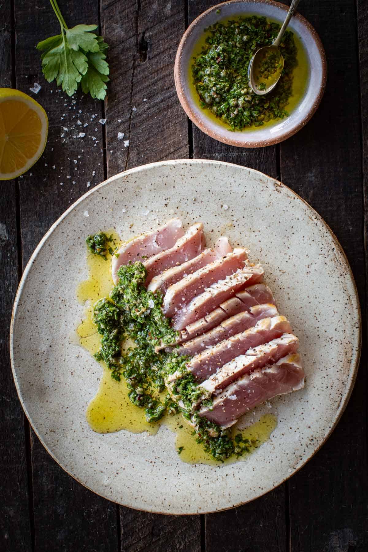 Sliced ahi tuna with Italian salsa verde.