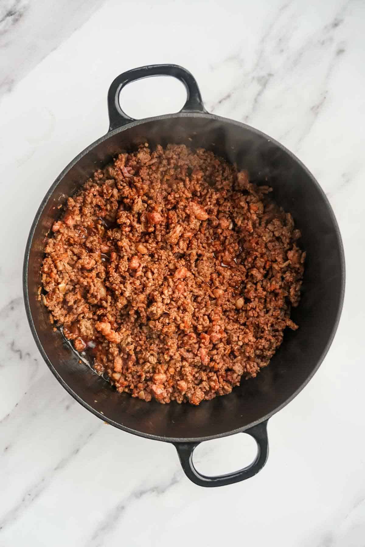 A simmering pot of ragu alla Bolognese.
