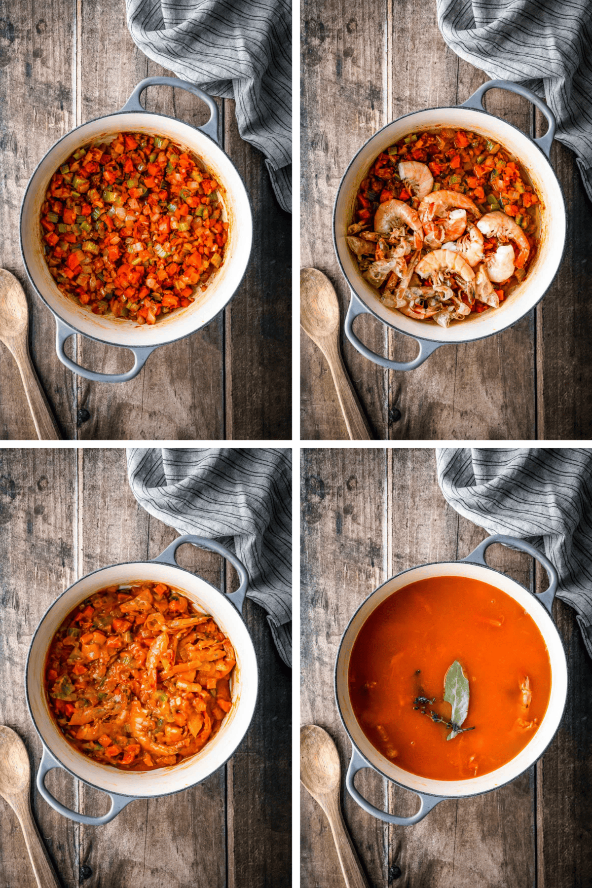 Four-panel progression showing: 1) sautéed vegetables in pot, 2) shrimp shells added to vegetable mixture, 3) mixture cooking with liquid added, 4) final smooth orange bisque with bay leaf garnish after pureeing and straining.
