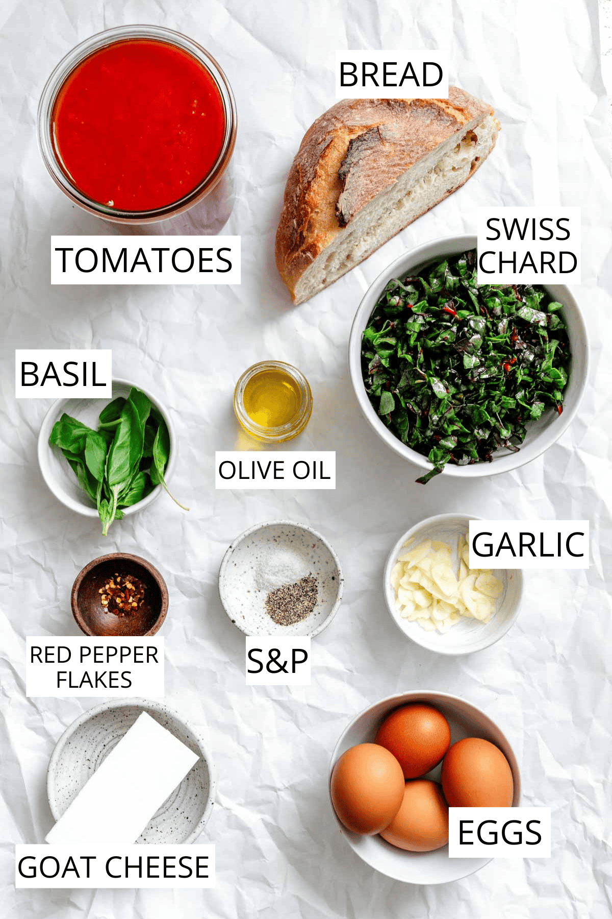 Overhead view of ingredients for eggs in purgatory labeled with text: tomatoes, bread, swiss chard, basil, olive oil, garlic, red pepper flakes, salt and pepper, goat cheese, and eggs arranged on white parchment paper.