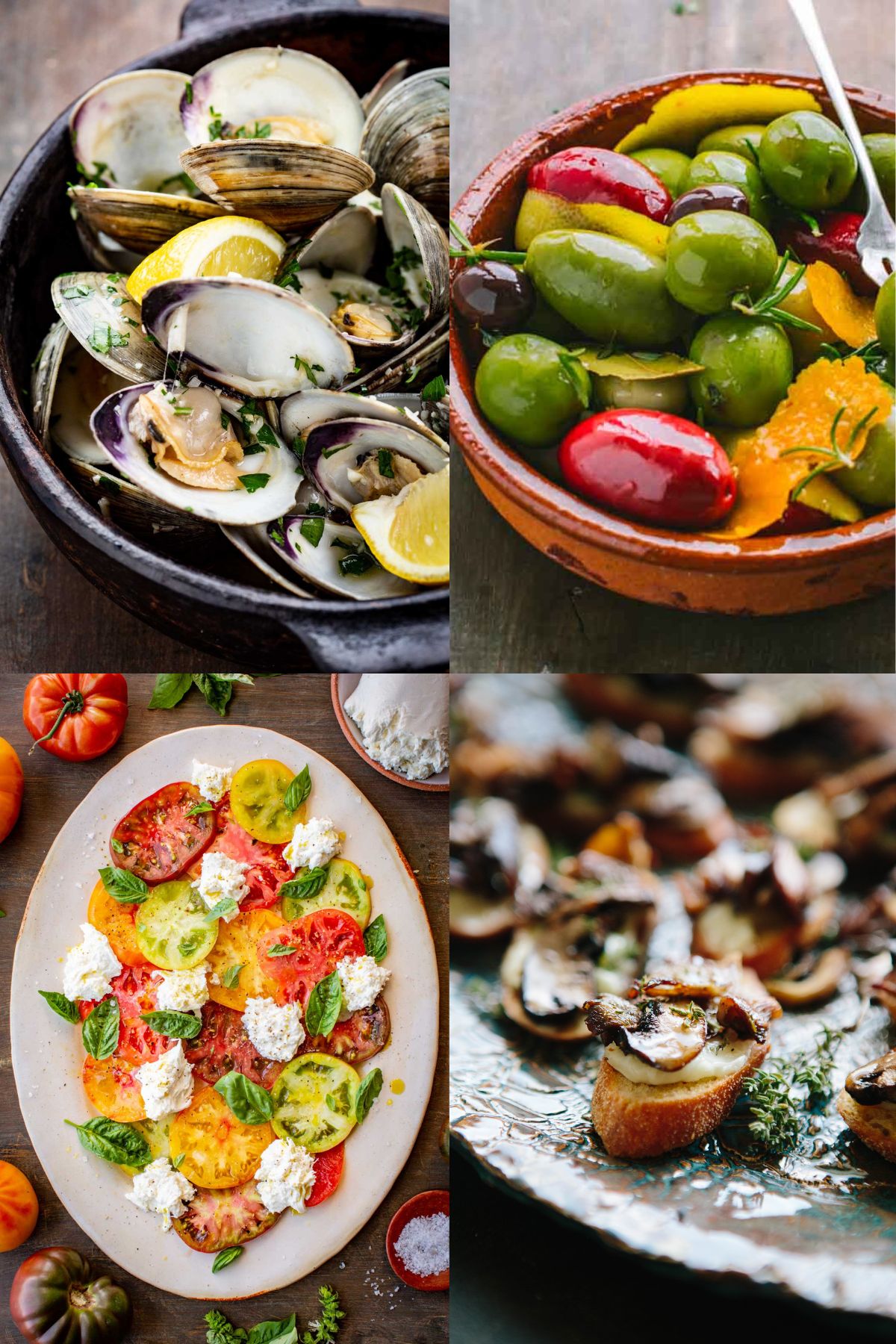 A collage of four different Italian appetizers including mushroom toast, steamed clams, caprese salad and olives.