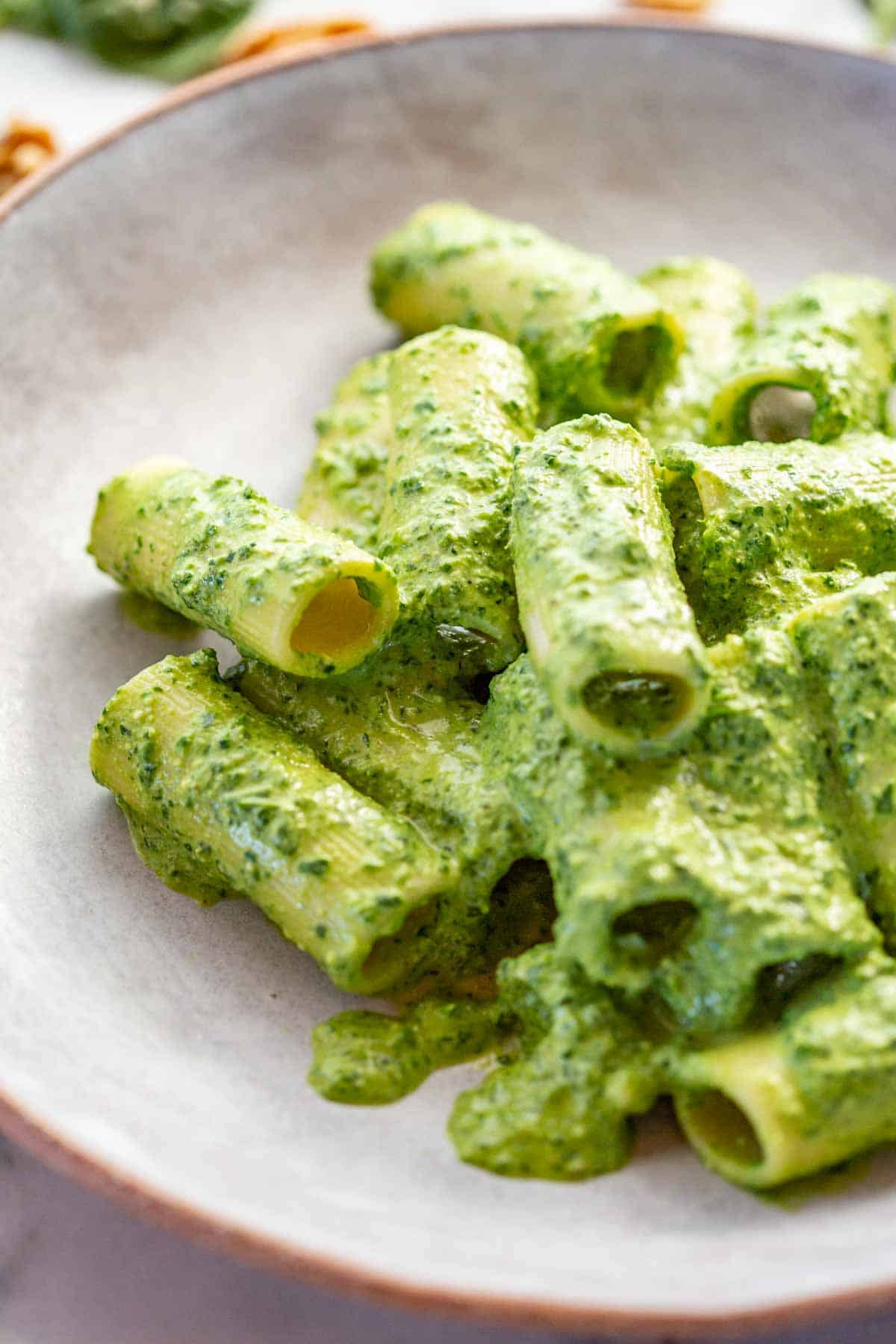 Extreme close-up of rigatoni pasta tubes coated in creamy green spinach pesto on a light-colored plate, highlighting how the sauce adheres to the pasta.