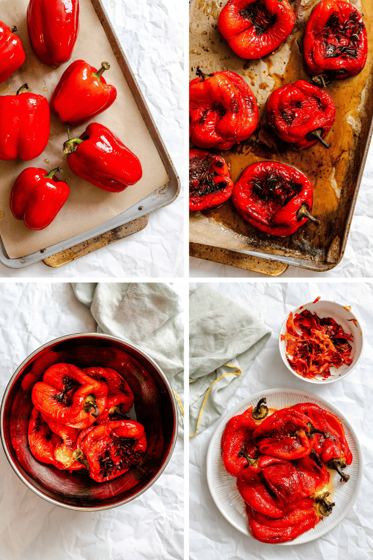 Four-step visual collage showing the process of roasting red bell peppers-fresh on a tray, blistered post-roast, steaming in a bowl, and peeled on a plate beside a bowl of skins.