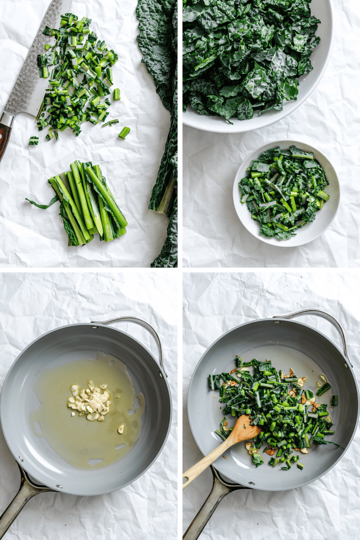 Four-panel step-by-step preparation showing: top left - chopped kale stems and leaves on parchment paper; top right - raw kale leaves in a bowl and a small portion in another bowl; bottom left - olive oil and garlic in a skillet; bottom right - sautéed kale stems with garlic in the skillet.