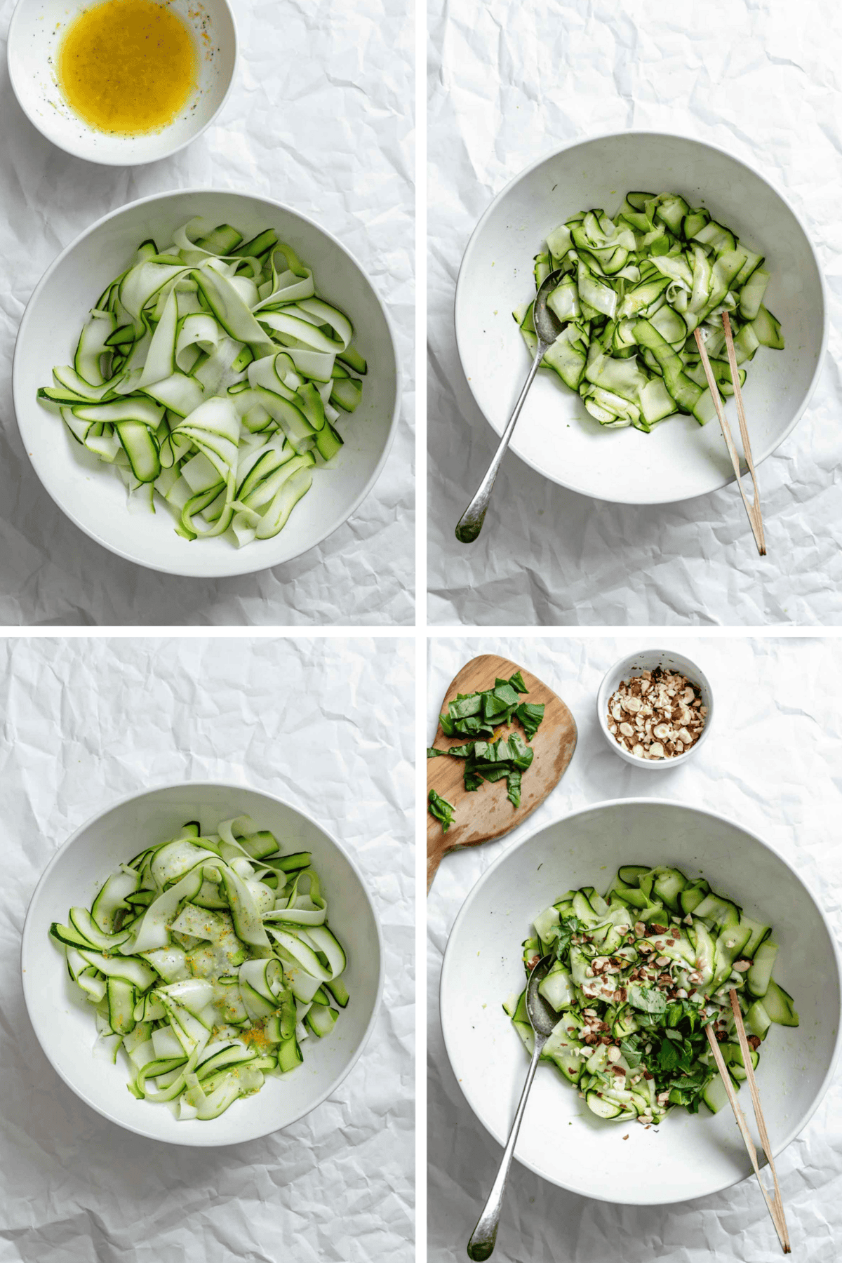 Four-panel process showing: top left - bowl of raw zucchini ribbons; top right - zucchini being tossed with utensils; bottom left - dressed zucchini ribbons; bottom right - final salad with added hazelnuts and herbs.