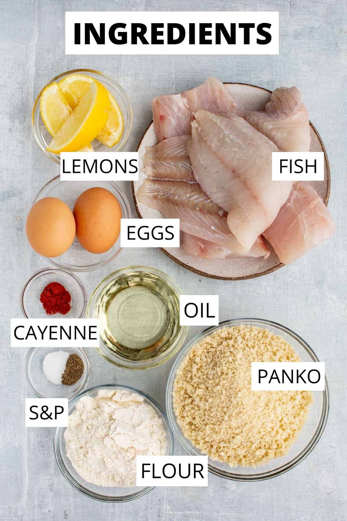 Ingredients needed for panko fried fish.