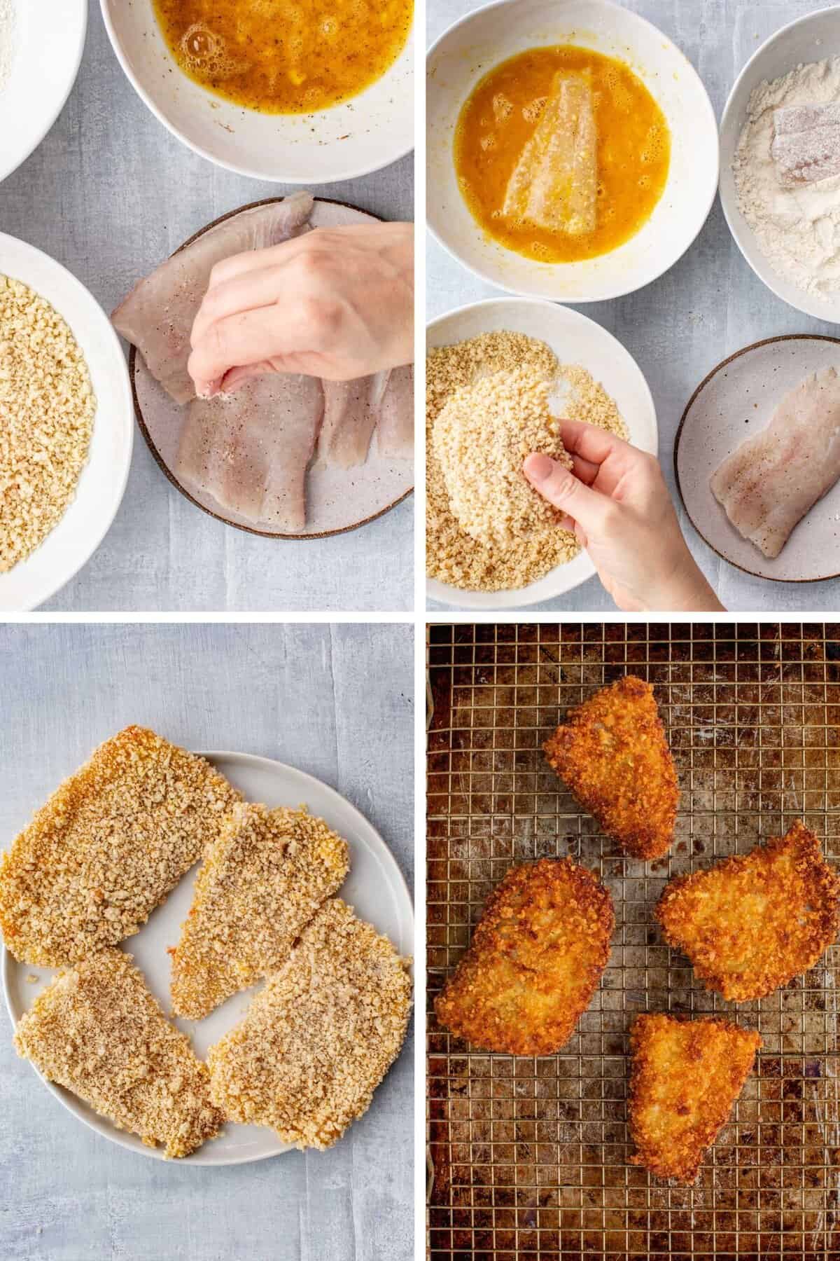 A collage of four photos showing the process of breading and frying panko crusted fish.