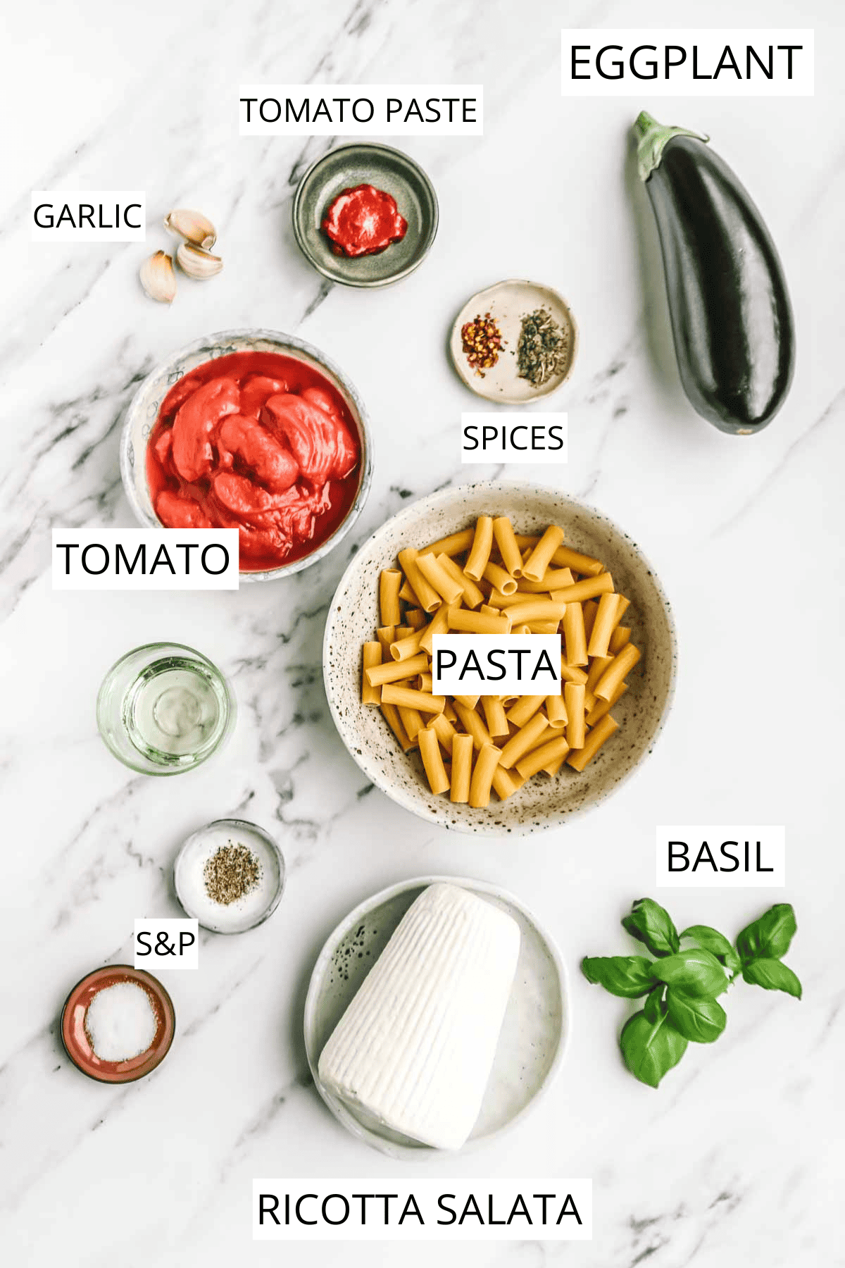 Overhead view of the pasta alla norma ingredients laid out on a marble surface. The composition includes dry rigatoni, tomato sauce, fresh eggplant, basil, ricotta cheese, garlic cloves, and small dishes of seasonings - displaying all components needed for the recipe.