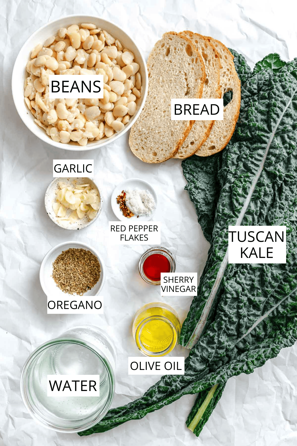 Ingredients for Tuscan kale and beans dish labeled clearly on a white background - a bowl of white beans, slices of crusty bread, fresh Tuscan kale leaves, and small dishes containing minced garlic, red pepper flakes, dried oregano, sherry vinegar, olive oil, and a glass of water.