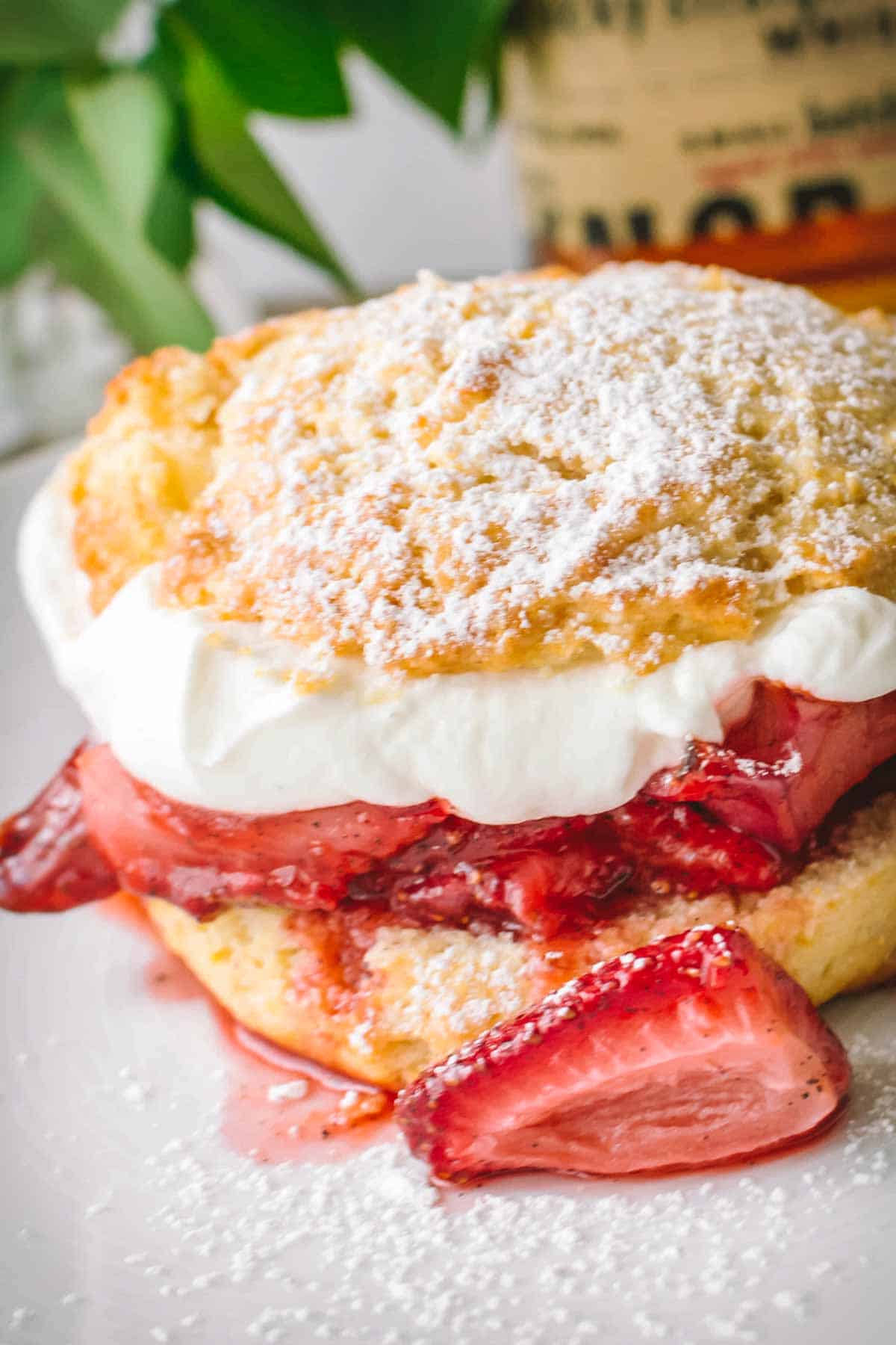 Extreme close-up of a shortcake with layers clearly visible - golden biscuit base, juicy macerated strawberries, and pillowy whipped cream topped with powdered sugar. Fresh strawberry slices garnish the side of the dessert.