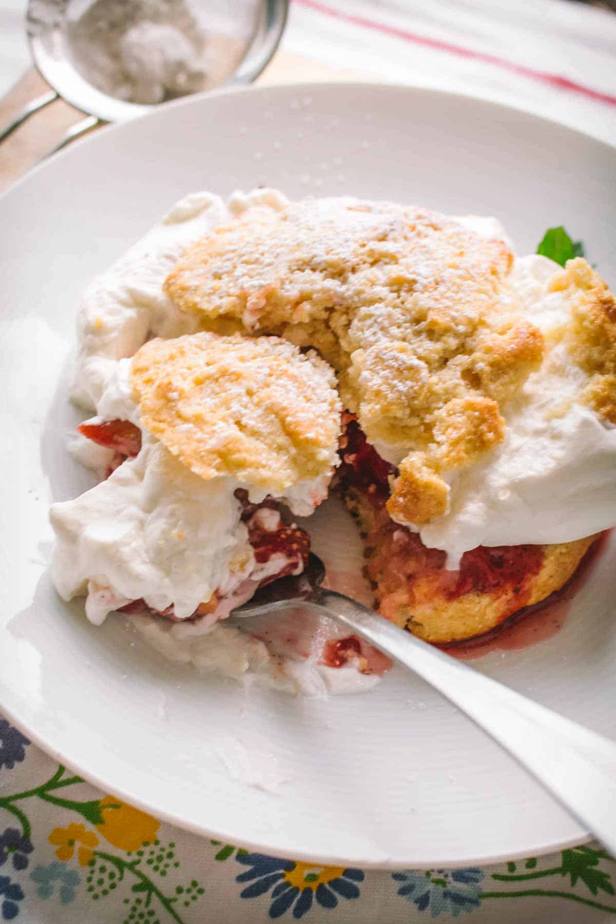 Partially eaten shortcake showing the interior with strawberry-rhubarb filling soaking into the tender biscuit. Generous whipped cream surrounds the dessert, with a spoon scooping into the soft center on a white plate.