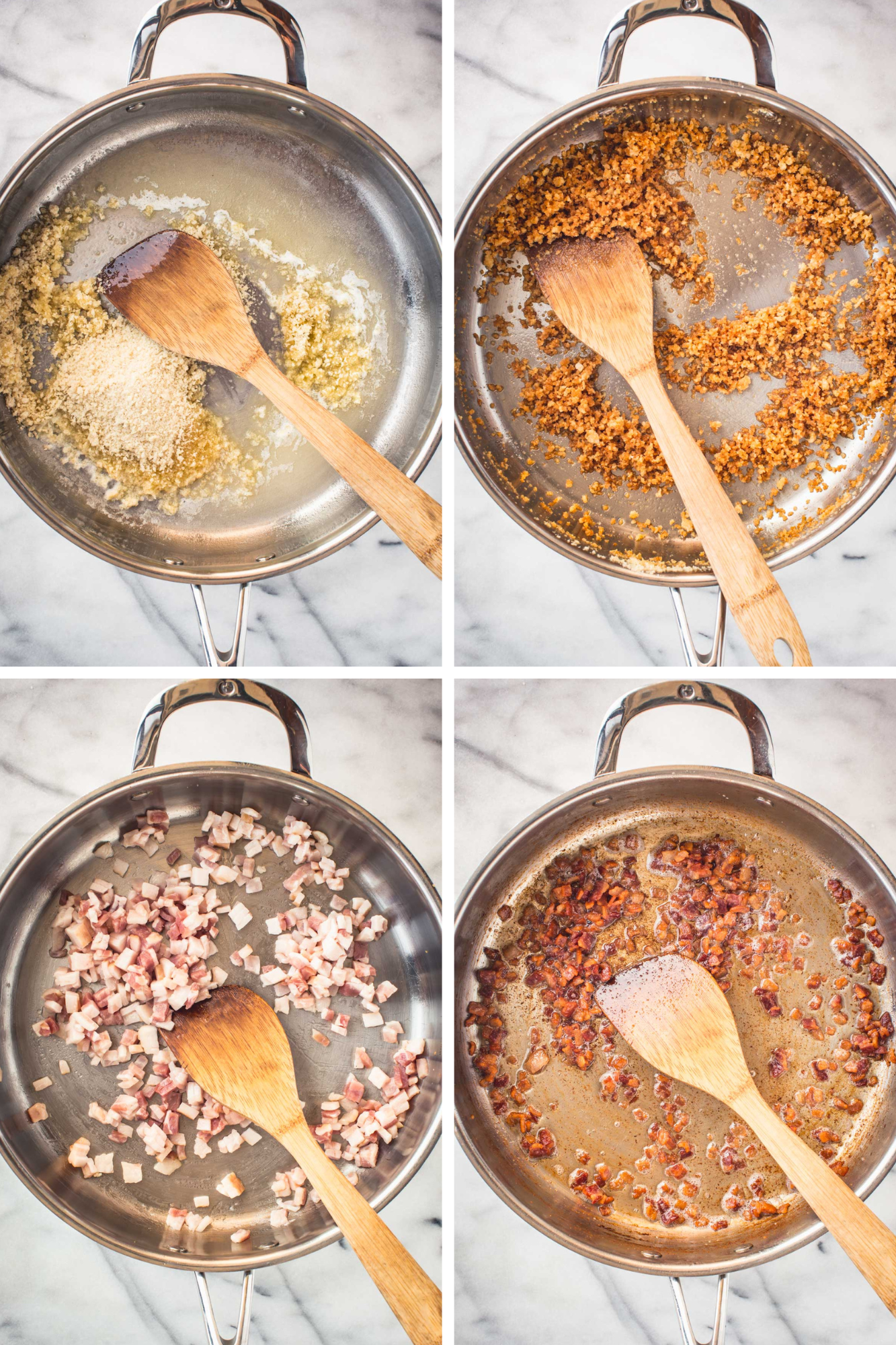 Four steps showing garlic and breadcrumbs toasting, followed by bacon being sautéed.
