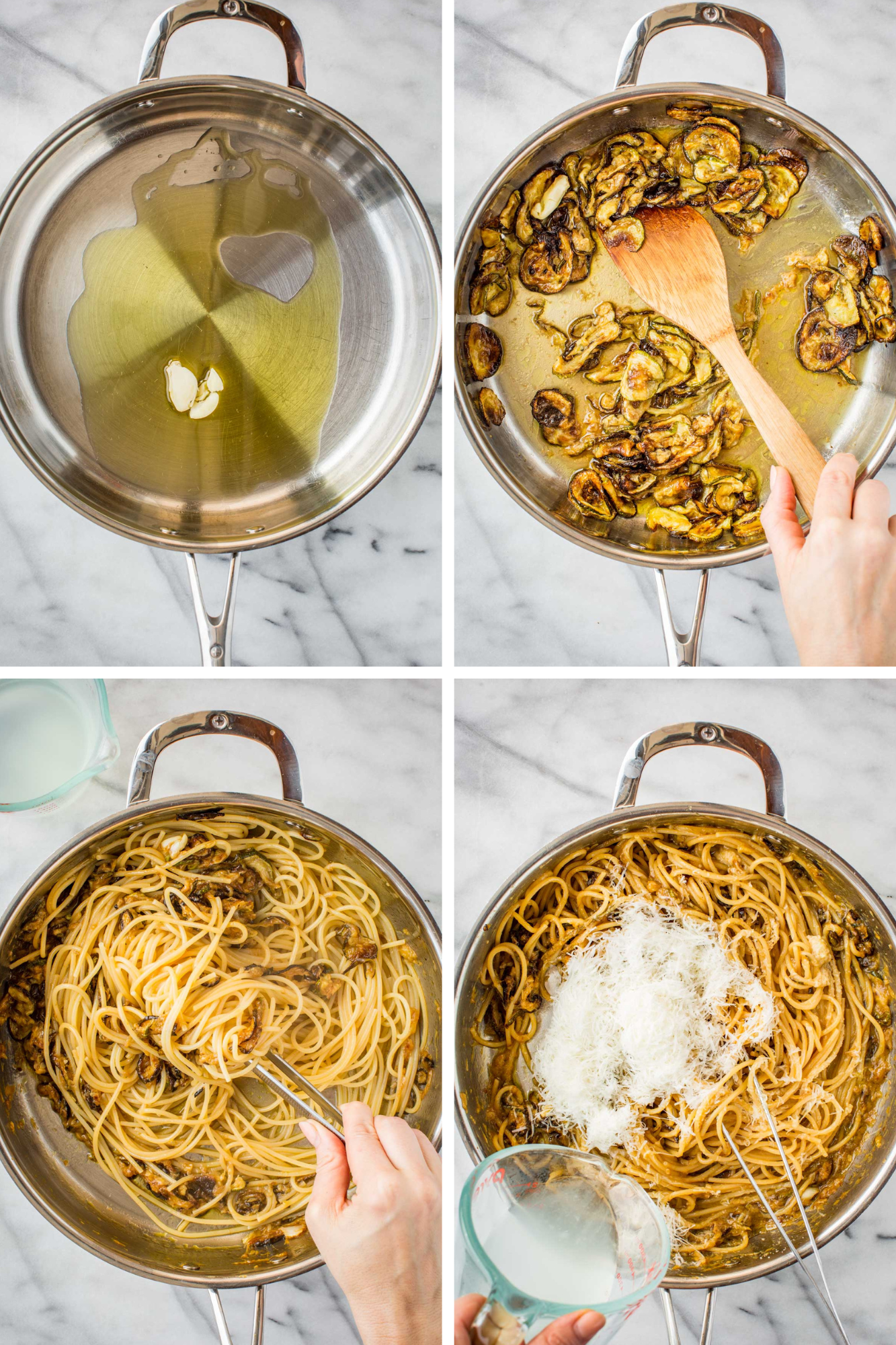 Four cooking process shots showing olive oil and garlic heating in a skillet, roasted zucchini sautéing, cooked spaghetti added and tossed, then finished with a generous amount of Pecorino Romano and pasta water.