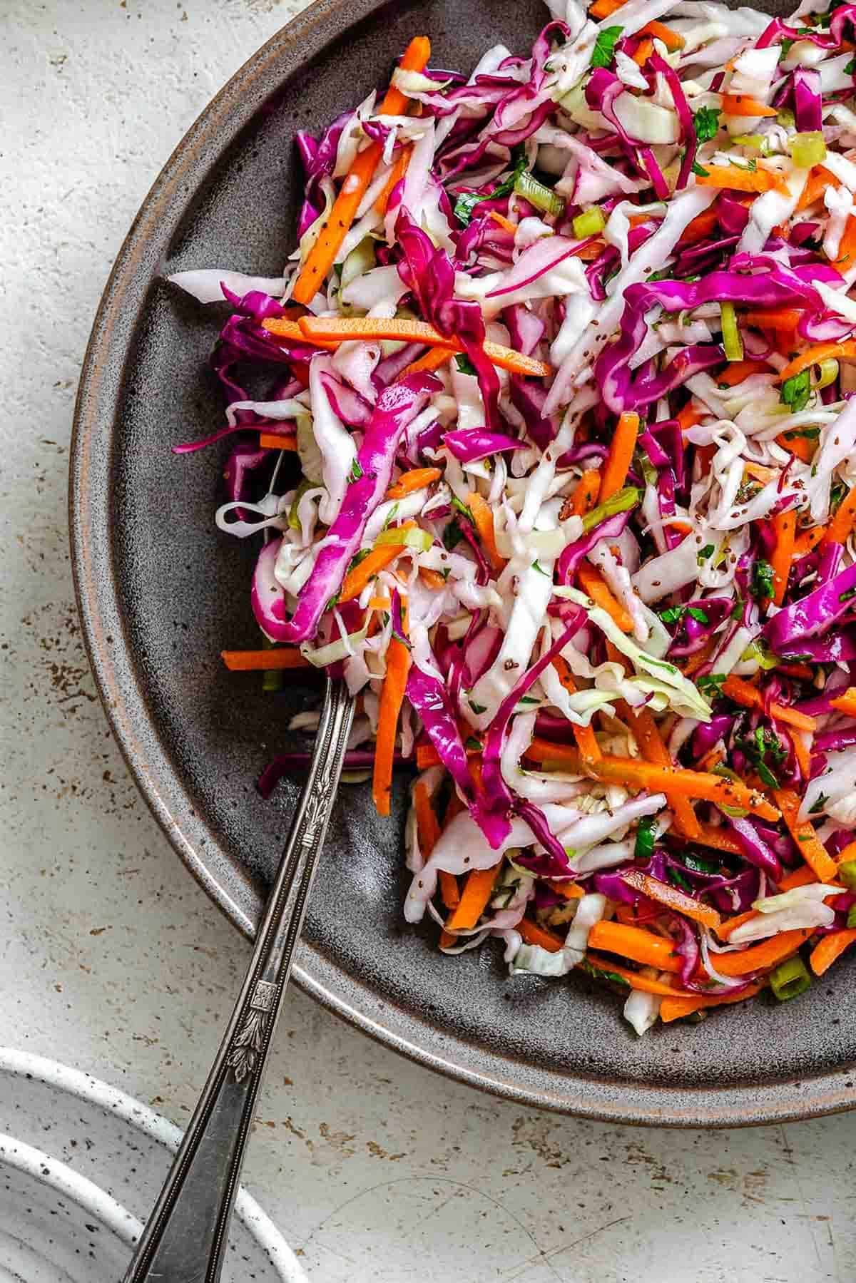 The colorful slaw mixture is shown in detail with a fork resting inside the bowl, emphasizing the crunchy vegetables and herbs.