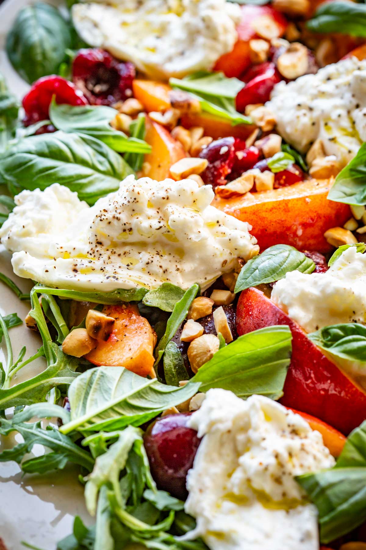 Close-up of burrata, basil, peaches, and cherries layered on arugula, highlighting textures and freshness.