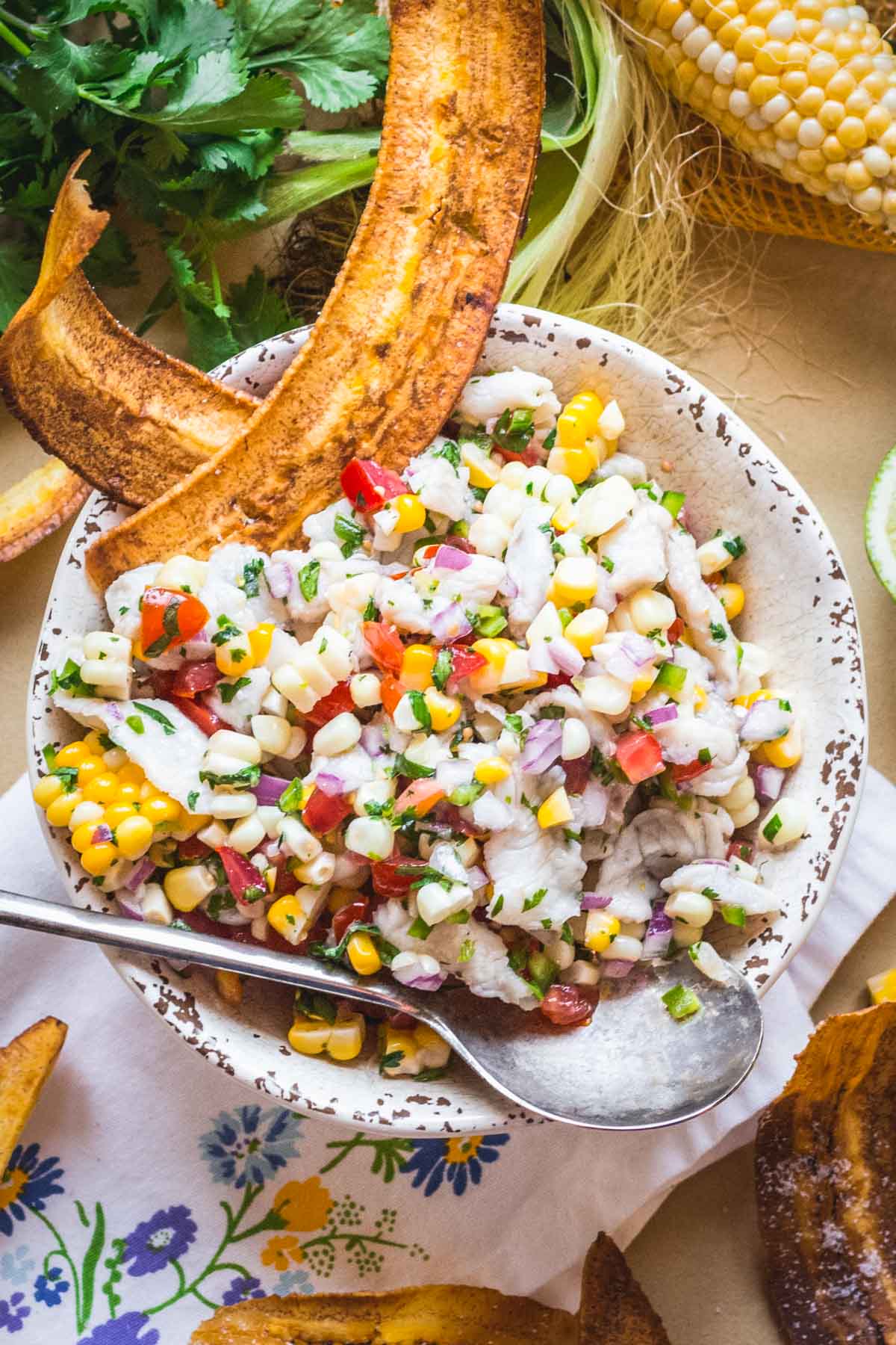 Top-down view of ceviche in a speckled bowl with spoon, surrounded by fresh cilantro, corn on the cob, and long fried plantain chips.