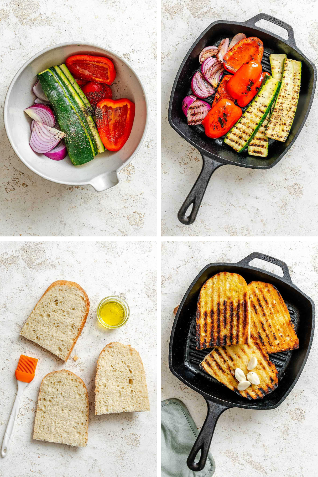 Four-step collage: vegetables tossed with seasoning, vegetables grilled in a cast iron pan, bread brushed with oil, and bread toasted with garlic cloves.