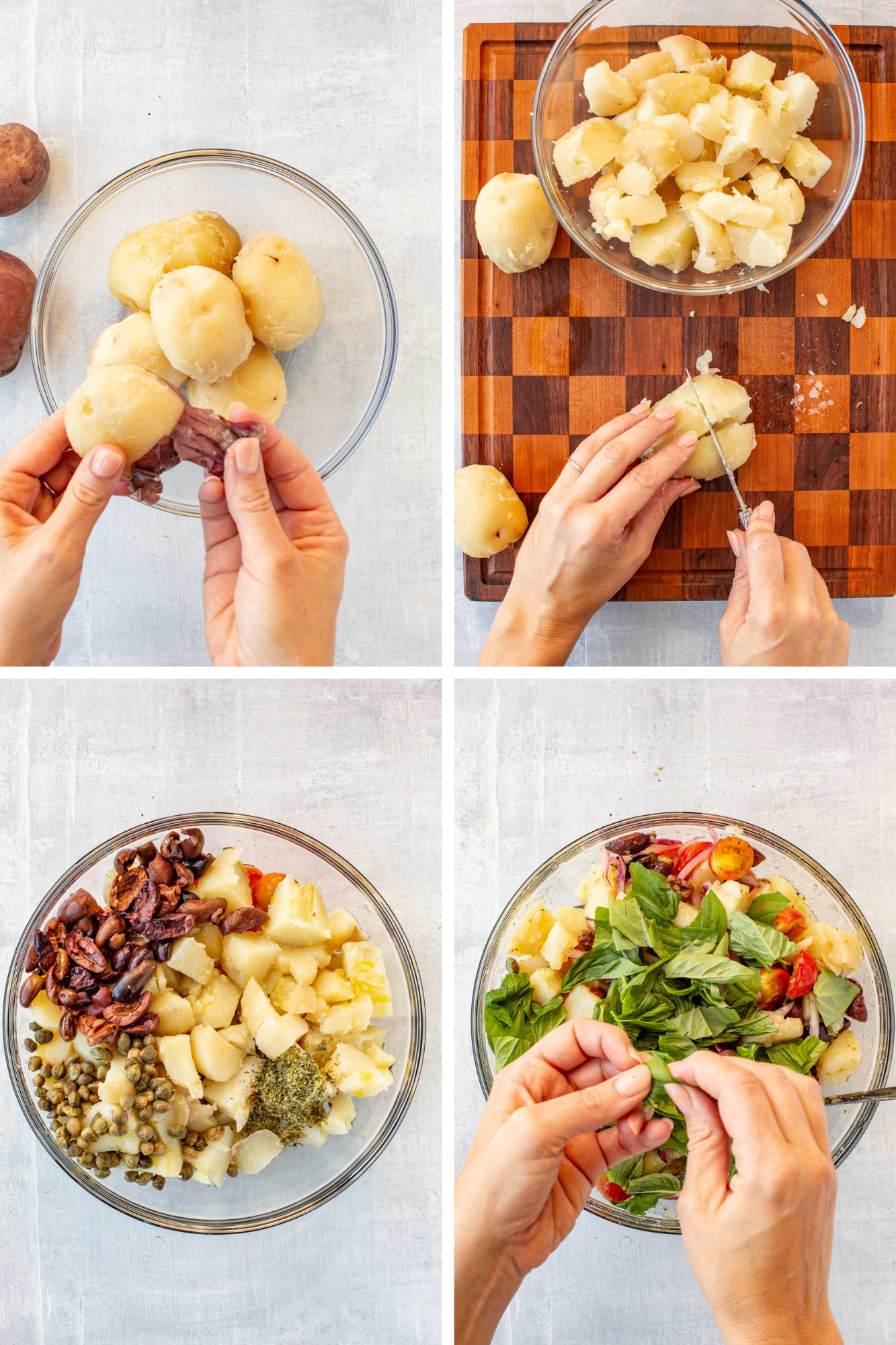 Process photo collage 2 – Hands peeling boiled potatoes and cutting into chunks, followed by bowls with capers, olives, and oregano added, and tearing fresh basil leaves into the salad.