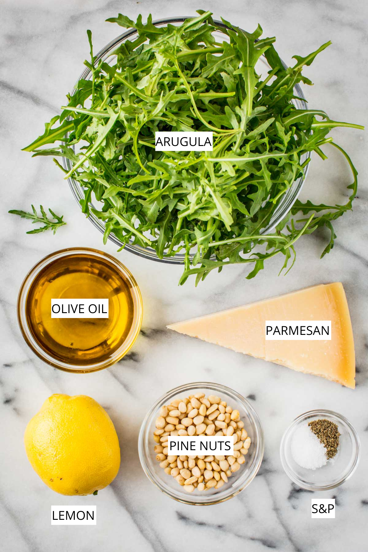 Overhead shot of labeled ingredients for arugula salad including arugula, pine nuts, parmesan, lemon, olive oil, salt, and pepper.