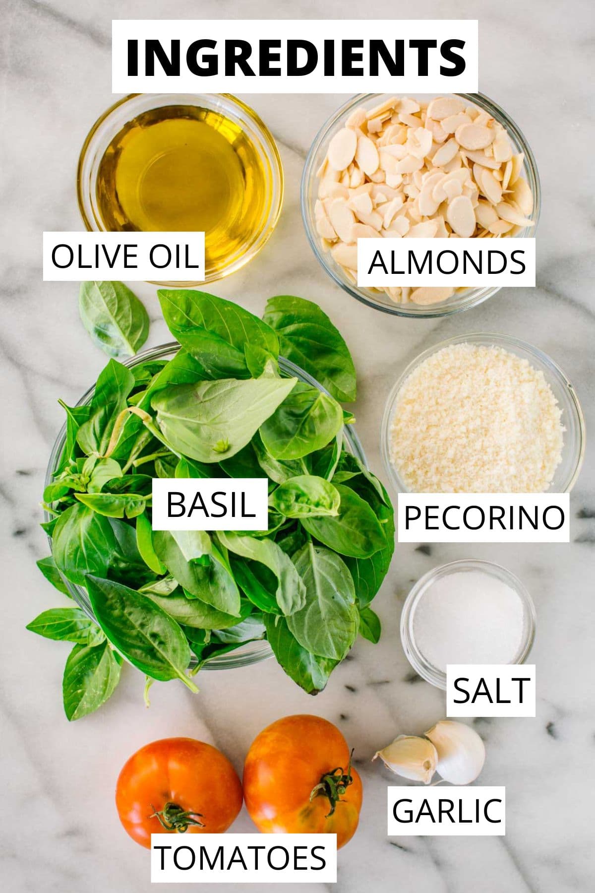 Ingredients needed for Pesto alla Trapanese.