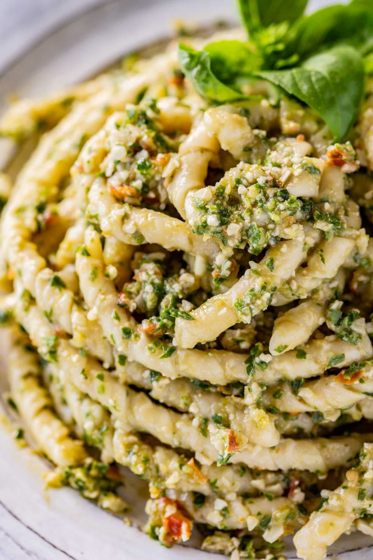 close-up of twisted pasta with Sicilian pesto alla Trapanese.