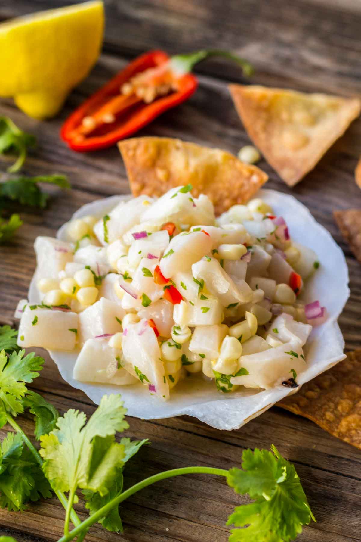 Scallop ceviche served in a scallop shell with crispy tortilla chips and sliced pepper in the background.