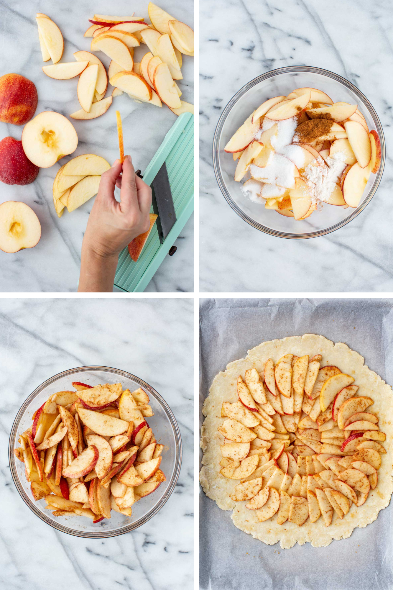 Step-by-step collage showing thin apple slices cut on a mandoline, tossed in a bowl with flour, sugar, and cinnamon, then arranged on rolled dough.