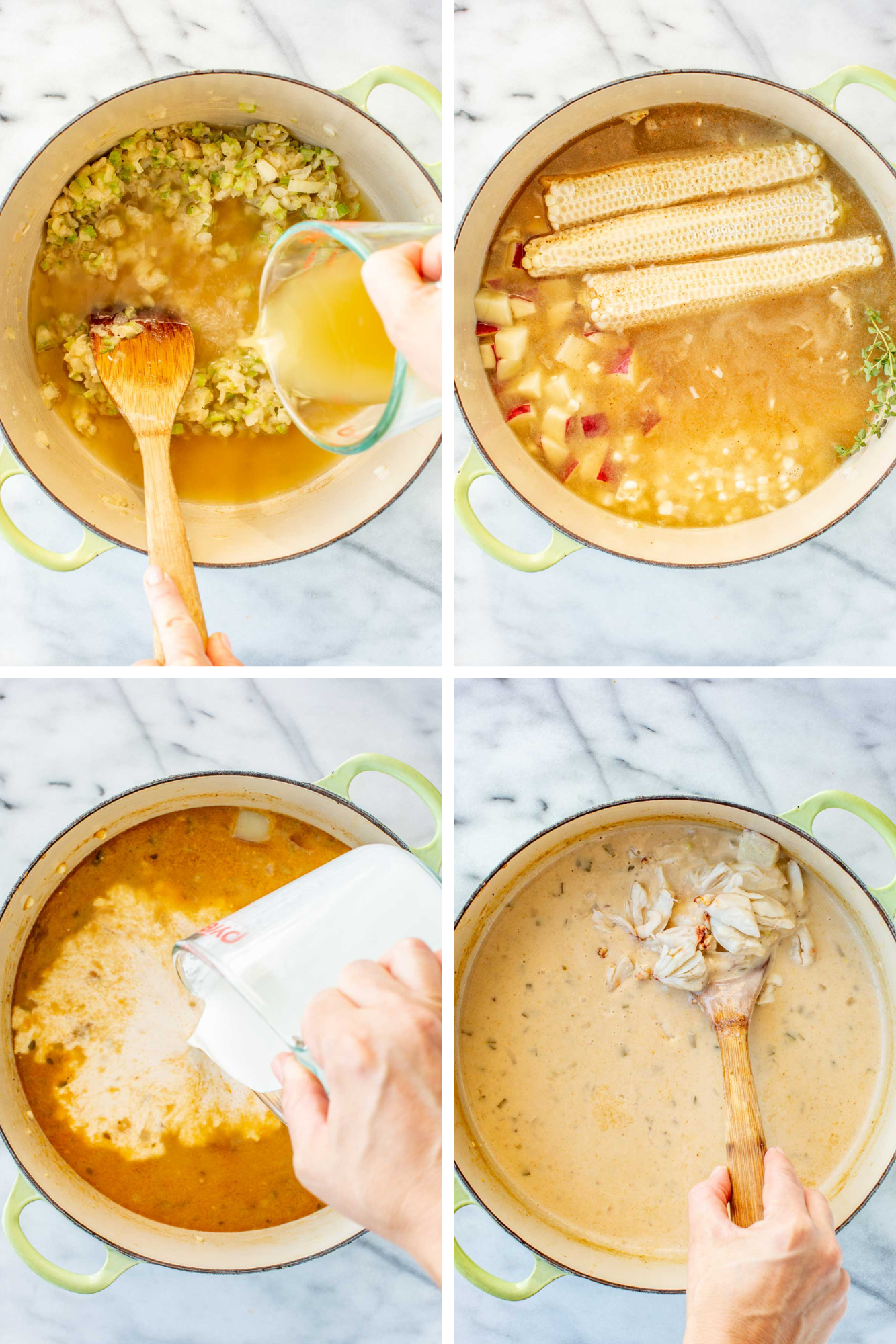 Step-by-step collage: pouring chicken broth into sautéed vegetables, adding corn cobs and potatoes to simmer, stirring in cream, and gently folding in crab meat at the end.