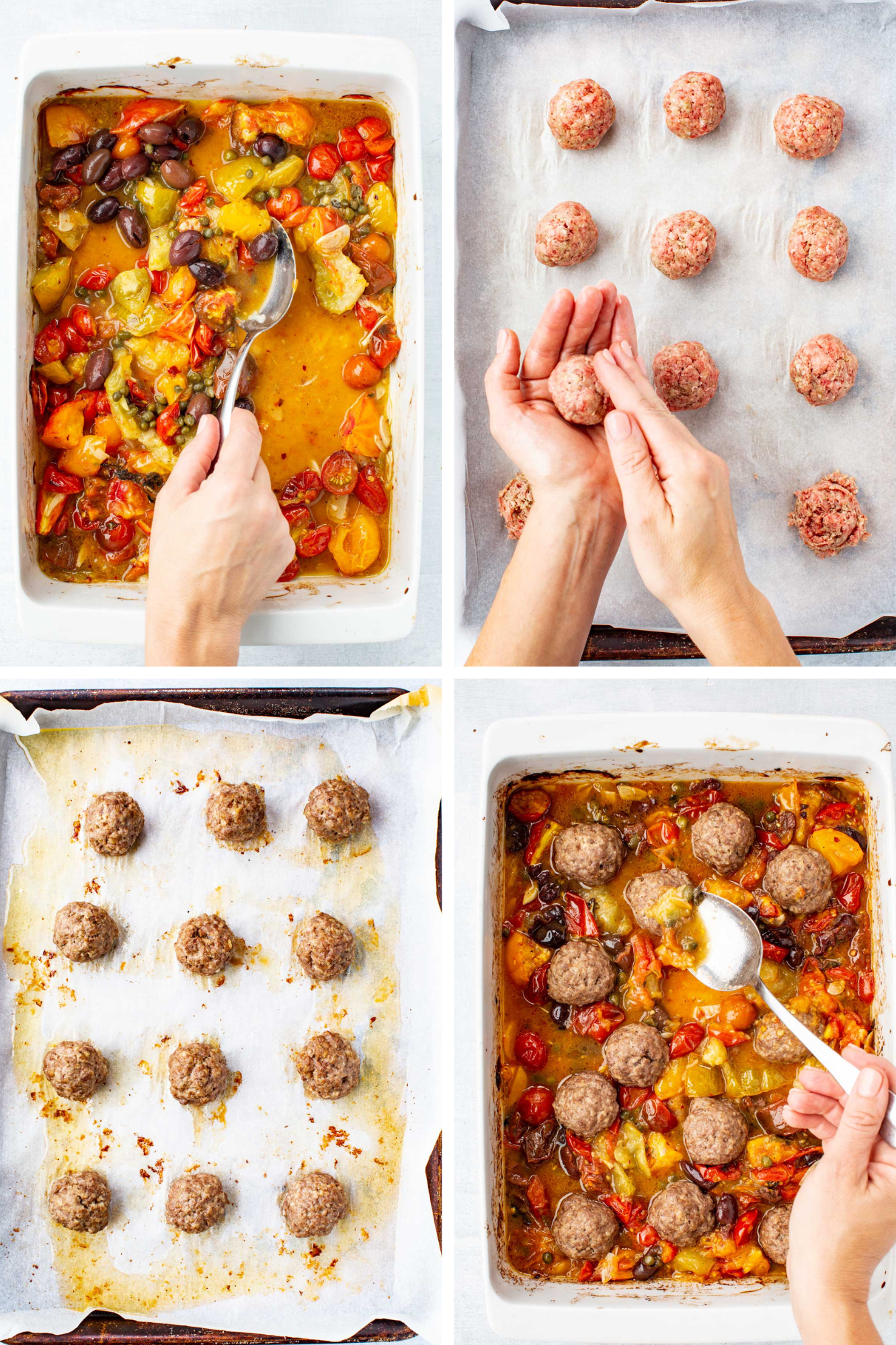 Collage of four images showing roasted tomato sauce being stirred, hands shaping meatballs on parchment paper, meatballs baked on a sheet pan, and meatballs being spooned into the sauce.