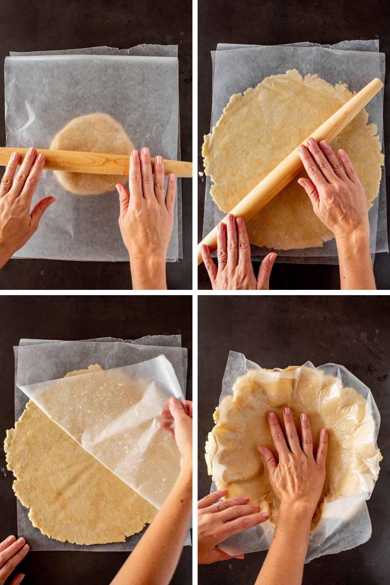 Four photos showing how to roll out Crisco pie crust and shape it into a pie pan.