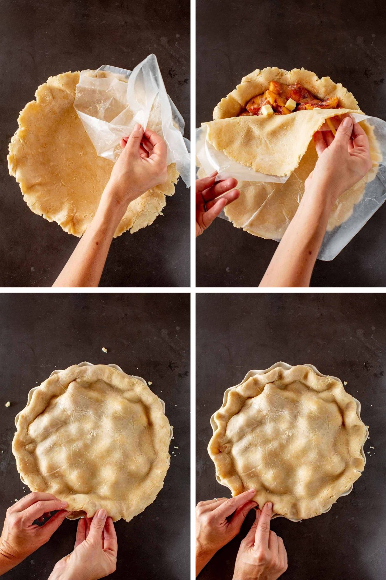 Four photos showing how use a Crisco pie crust to make a double crust pie.