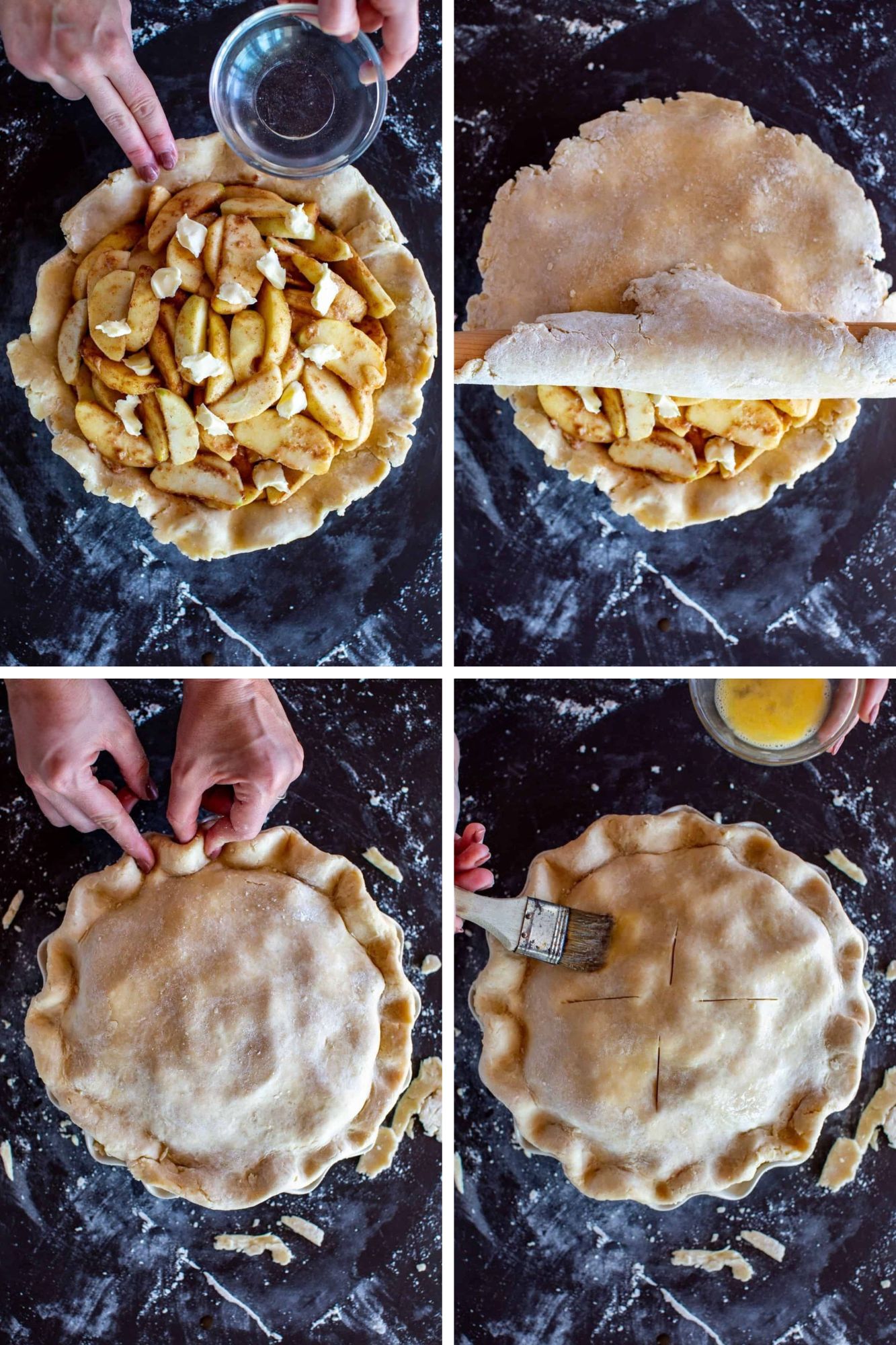 Four images to show adding pie filling to a layer of flaky pie dough and topping the pie pilling with another layer of flaky pie dough.