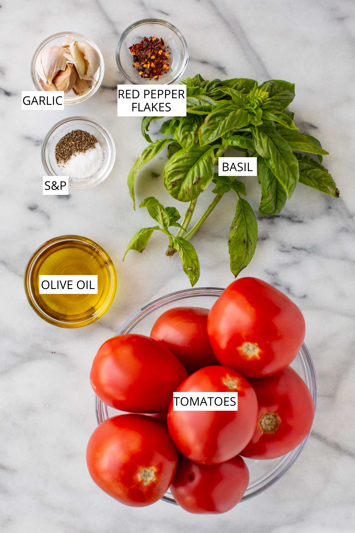 Overhead view of fresh ingredients for tomato sauce: garlic cloves, red pepper flakes, basil, olive oil, salt and pepper, and ripe tomatoes.