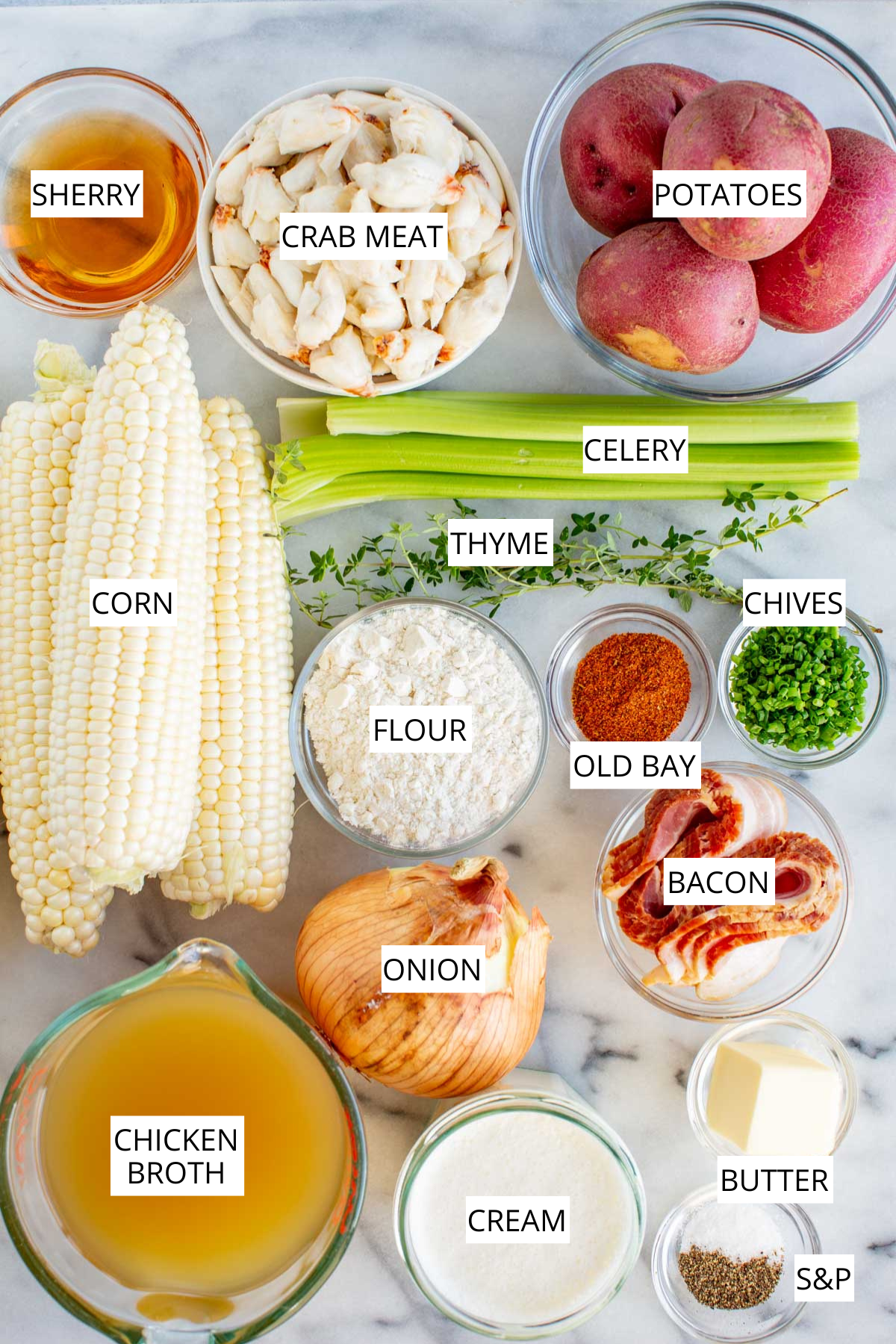 Flat lay of labeled ingredients for corn and crab chowder including crab meat, fresh corn, potatoes, celery, onion, bacon, flour, butter, cream, chicken broth, Old Bay, thyme, and chives.