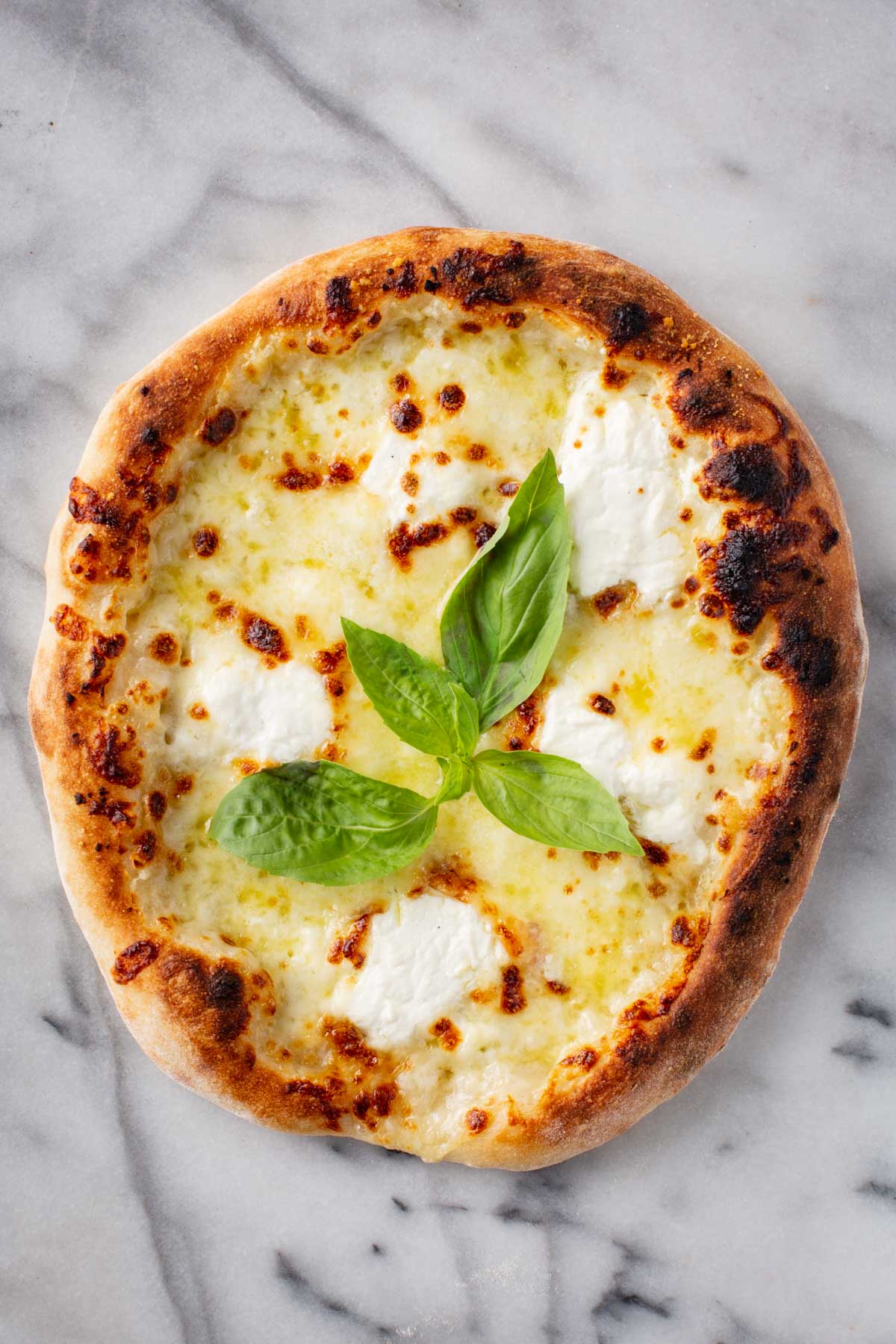 Pizza with basil garnish - White pizza topped with fresh basil leaves, sitting on a marble surface.