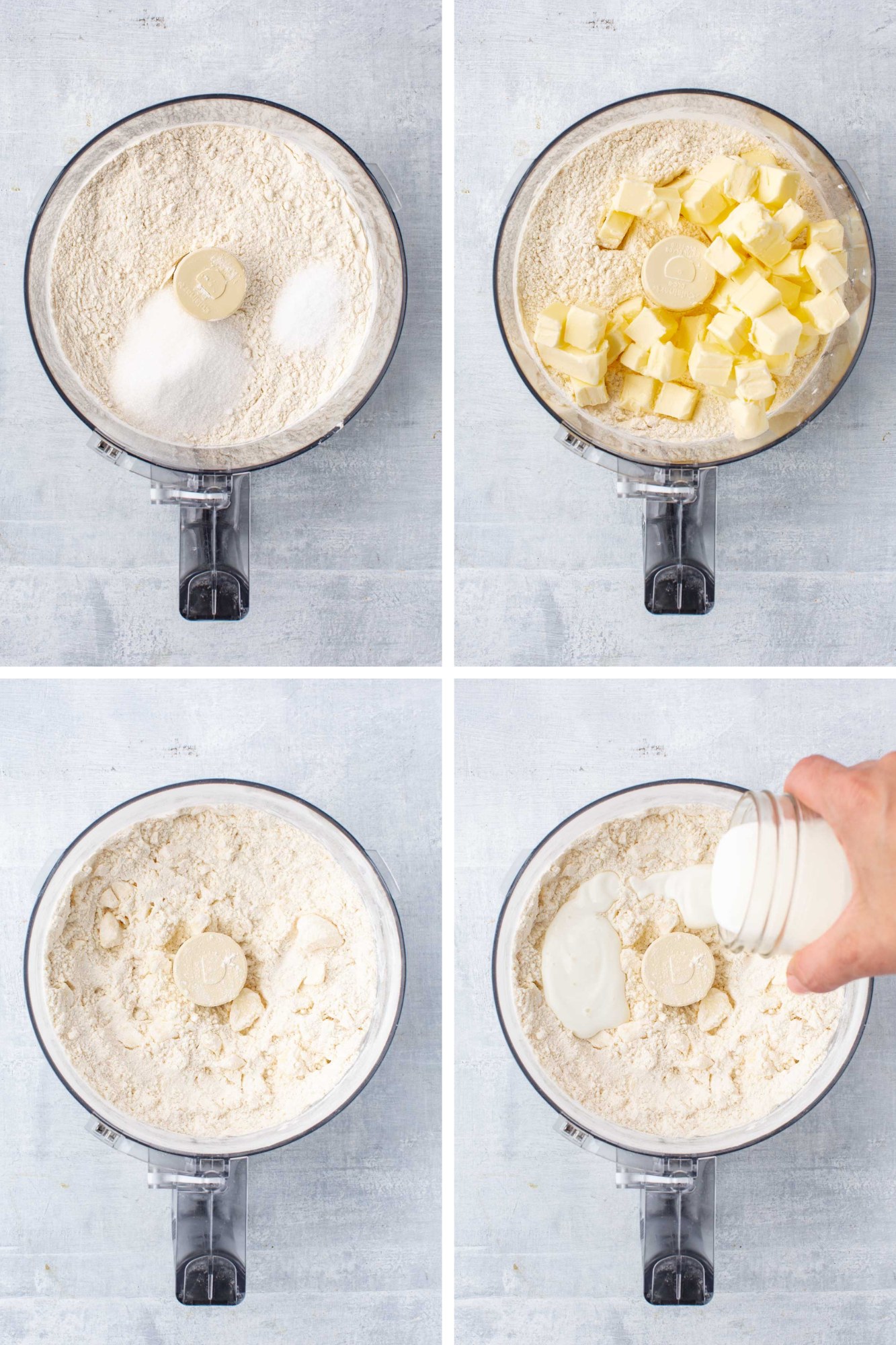 Four-step collage showing flour mixture, adding butter cubes, pulsing in food processor, and pouring in cold buttermilk.