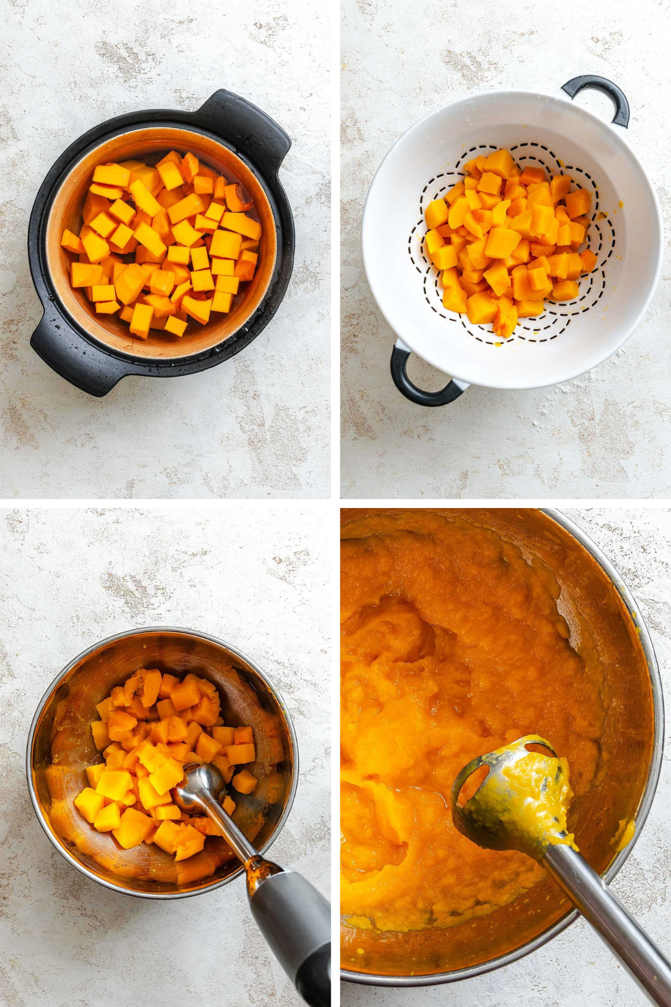 Cubed butternut squash boiling in a pot, drained in a white colander, then pureed with an immersion blender into a smooth orange mixture.