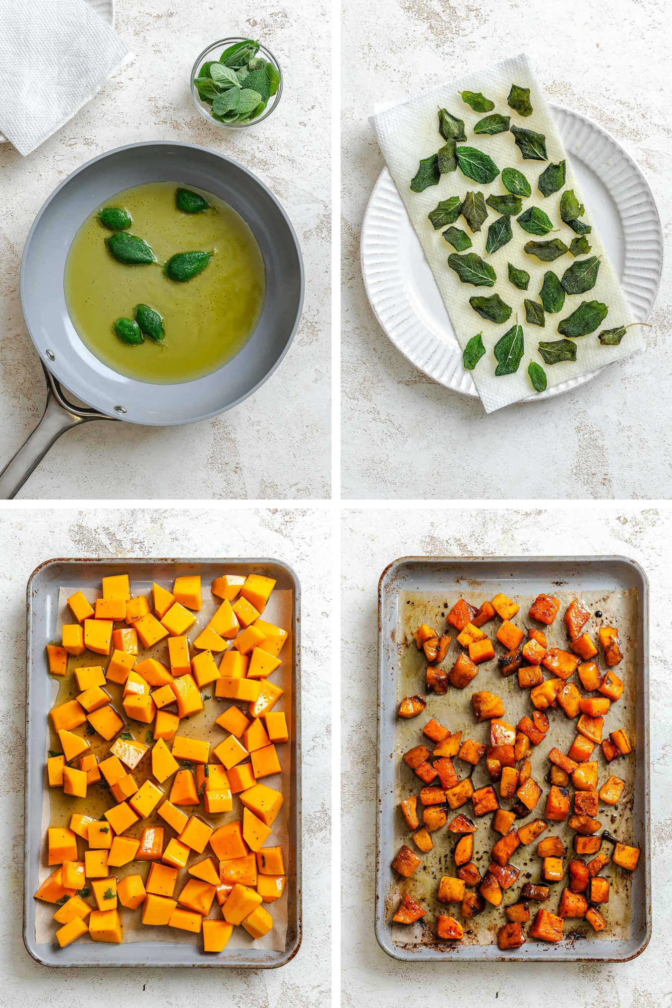 Fresh sage leaves being fried in olive oil in a small skillet, then drained on paper towels until crisp.