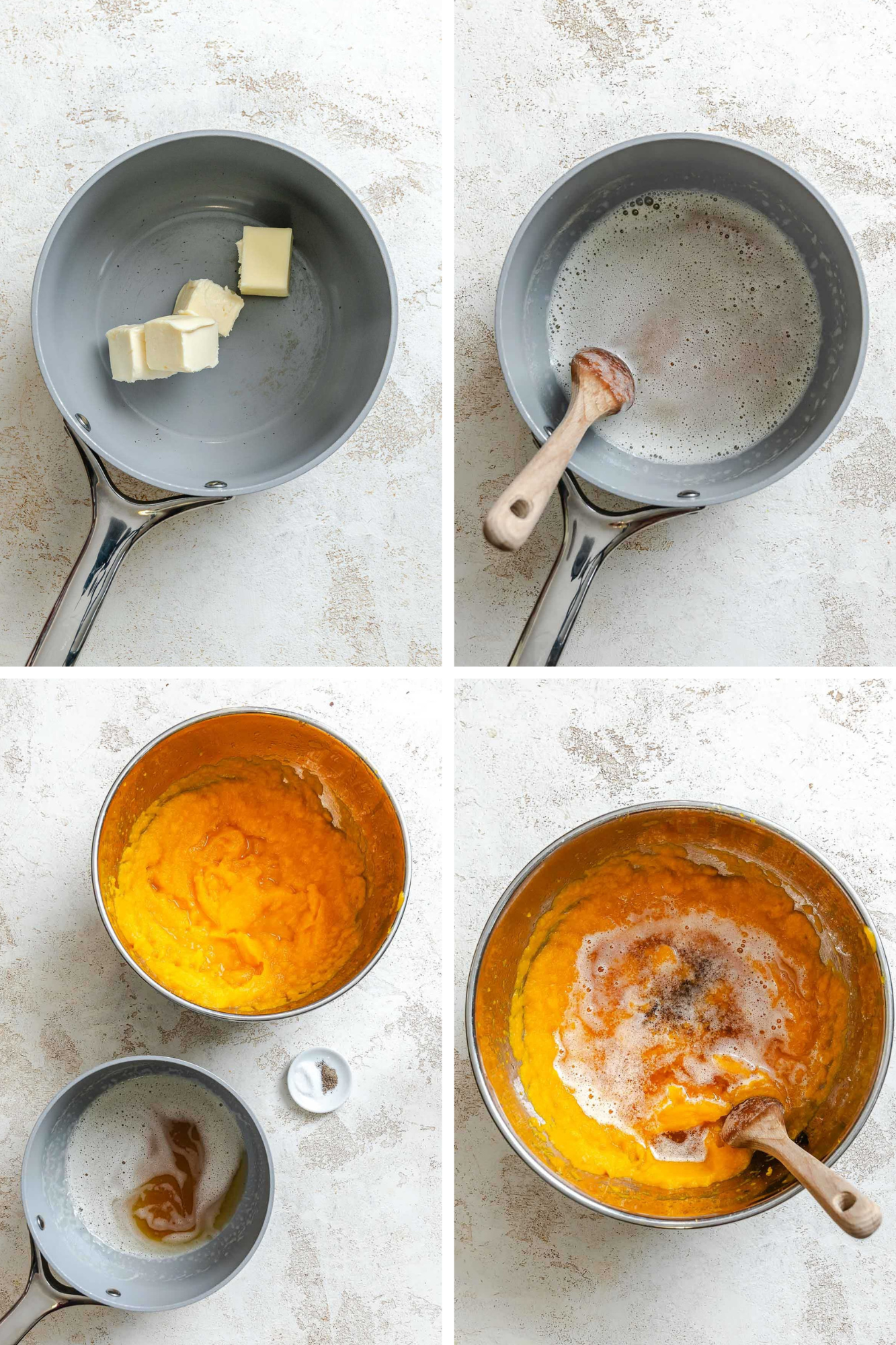 Step-by-step process showing butter melting and browning in a saucepan, then being poured into the pureed butternut squash and stirred together.