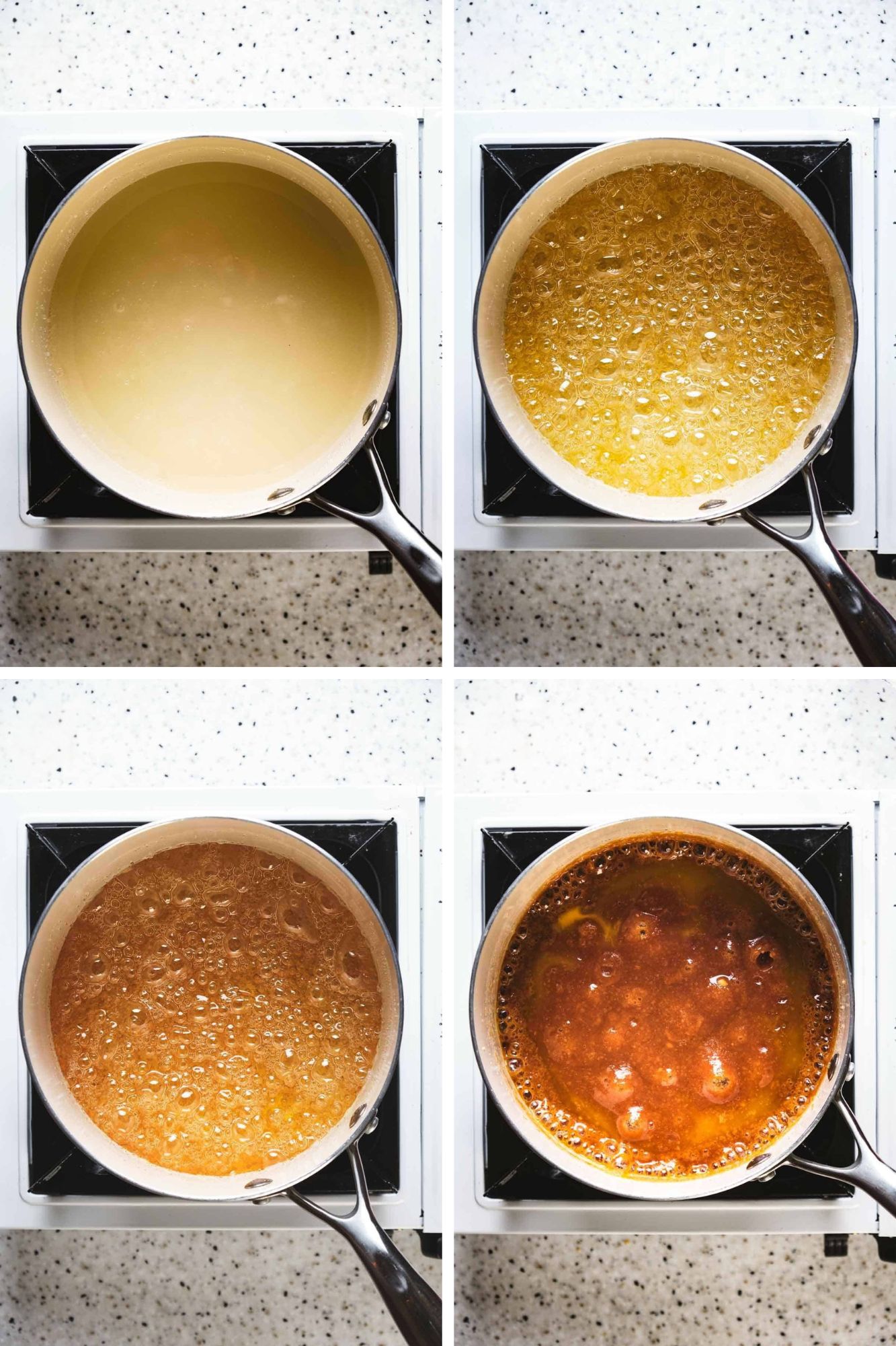Photos showing the steps to make sea salted caramel candies including a golden brown sugar mixture in a pot bubbling on the stove, an amber colored sugar mixture in a saucepan bubbling on the stove and the caramel cooking in a pot on the stovetop.