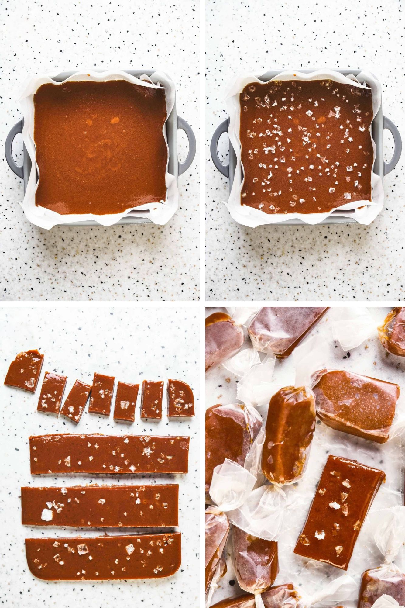 Photos showing the steps to make sea salted caramel candies including a parchment lined pan of freshly poured caramel, a parchment lined pan of caramel with sea salt on top, a slab of salted caramel being cut into pieces, and a close up of unwrapped salted caramels and wrapped candies.