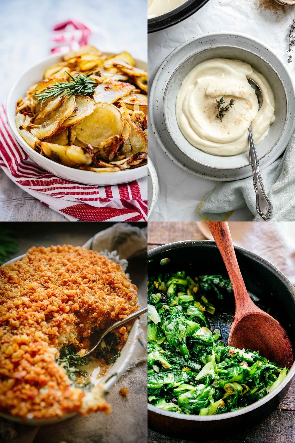 Four photos to show Thanksgiving side dishes including crispy roasted potatoes, parsnip and celery root puree, kale gratin and sauteed escarole.