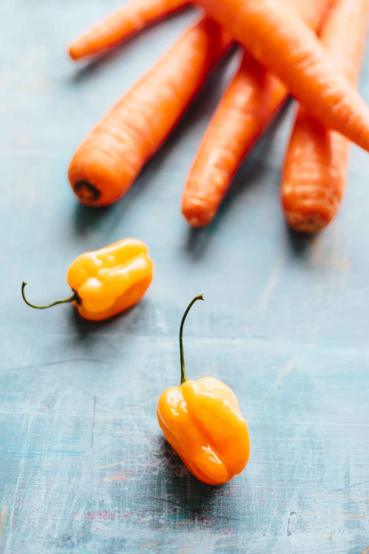 Fresh carrots and orange habanero peppers on a blue surface, the key ingredients for spicy carrot soup.