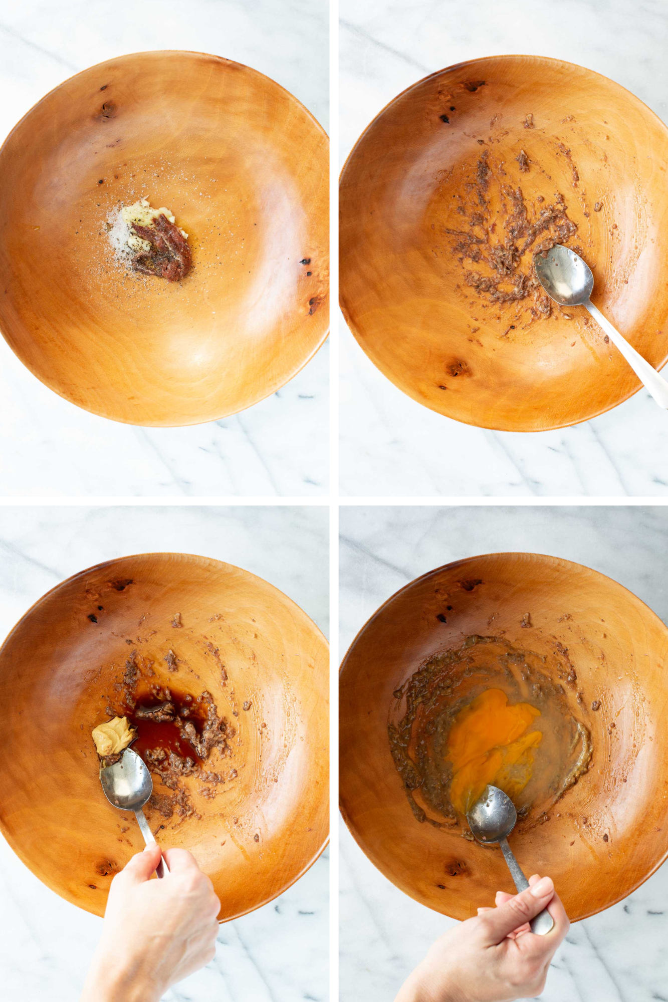 Four-step collage showing garlic and anchovies added to a wooden bowl, mashed into a paste and mixed with mustard, Worcestershire and egg.